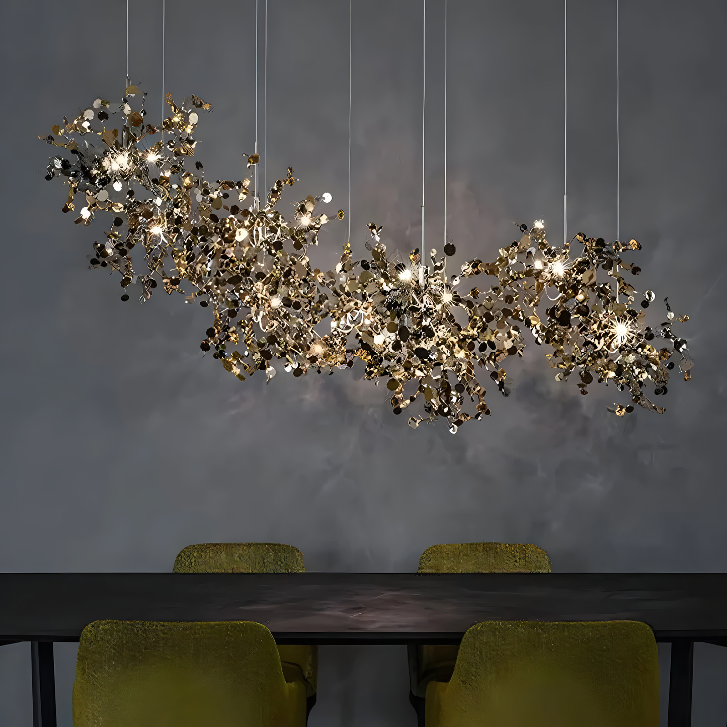 The cascading crystals of the Astral Debris Chandelier sparkle like stars in the night sky.