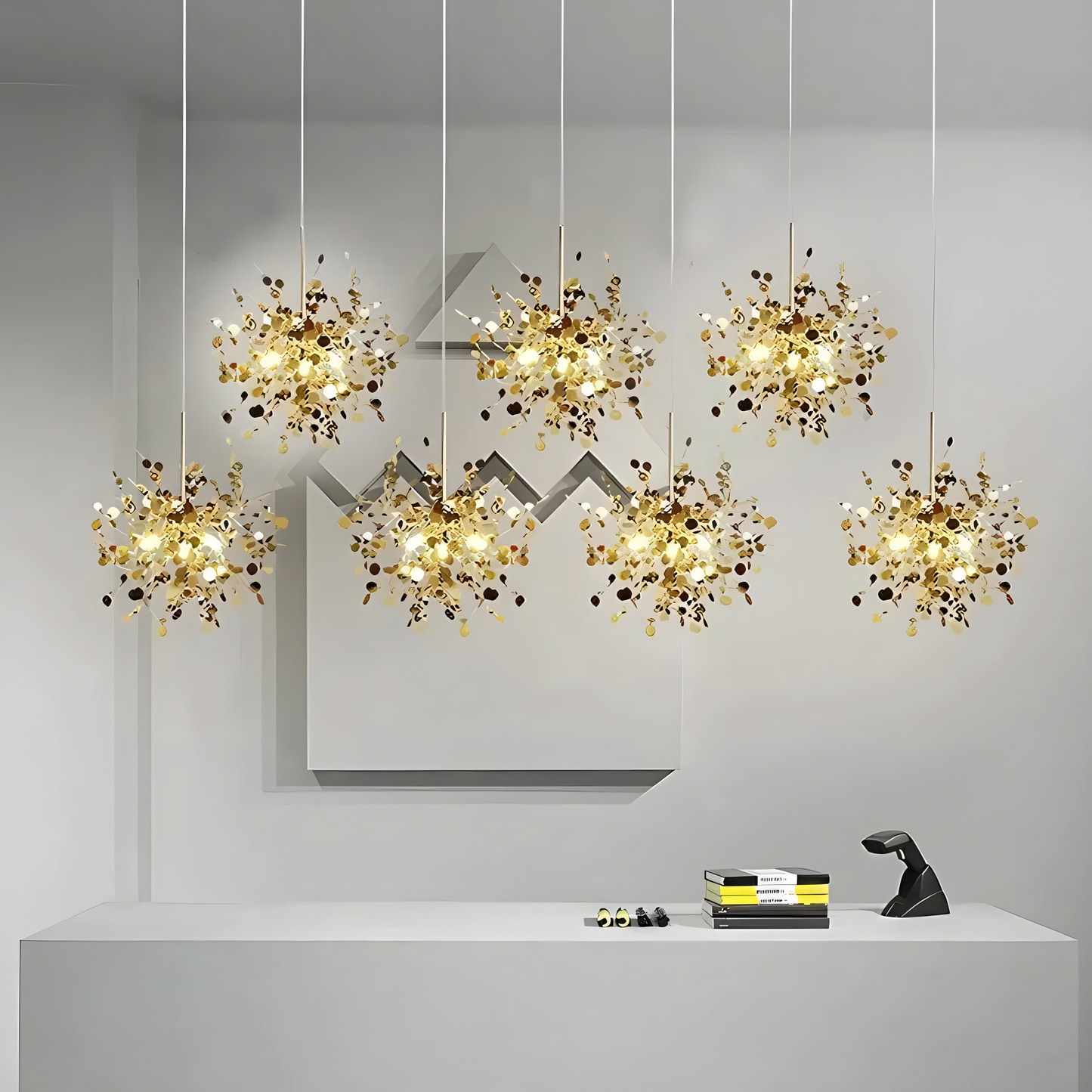 The Astral Debris Chandelier adds a touch of modern elegance to a historic castle hall.