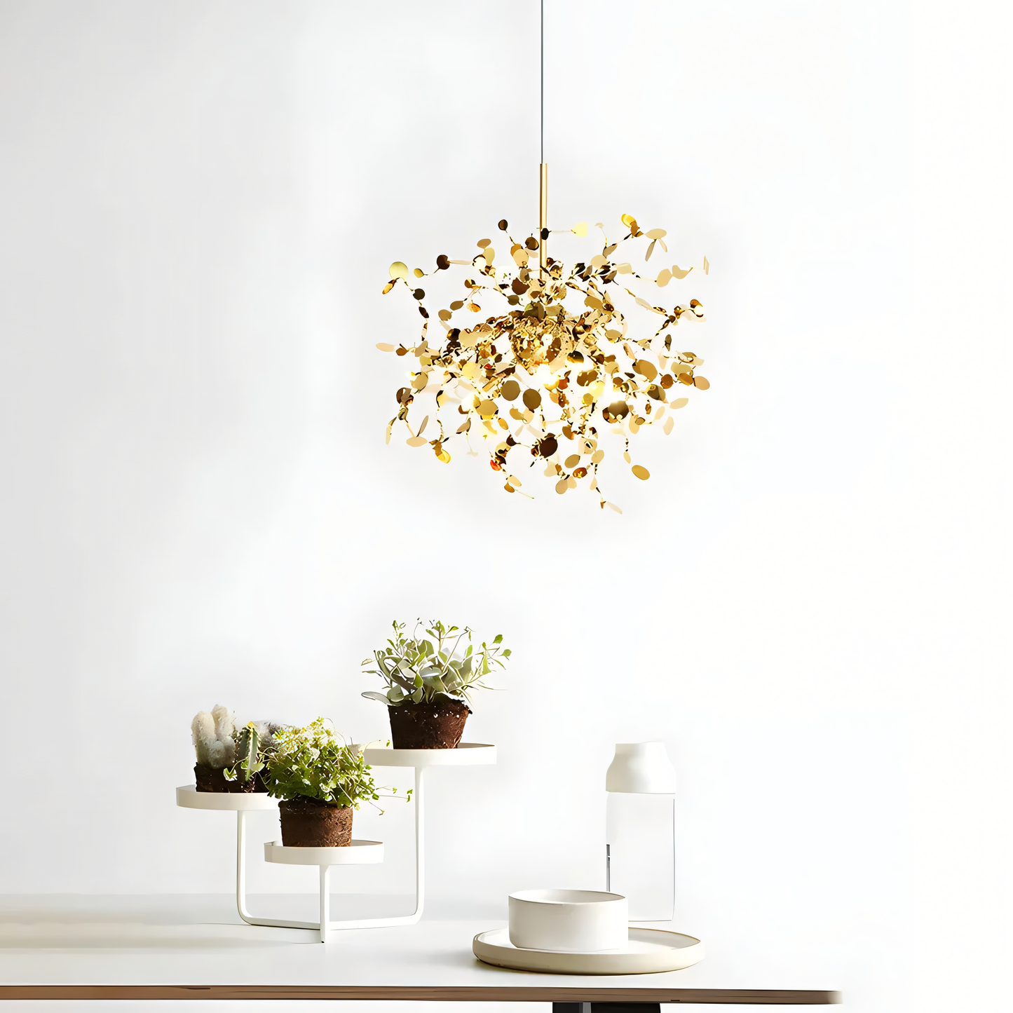 The Astral Debris Chandelier casts a soft, diffused light on a dining table setting in a castle hall.