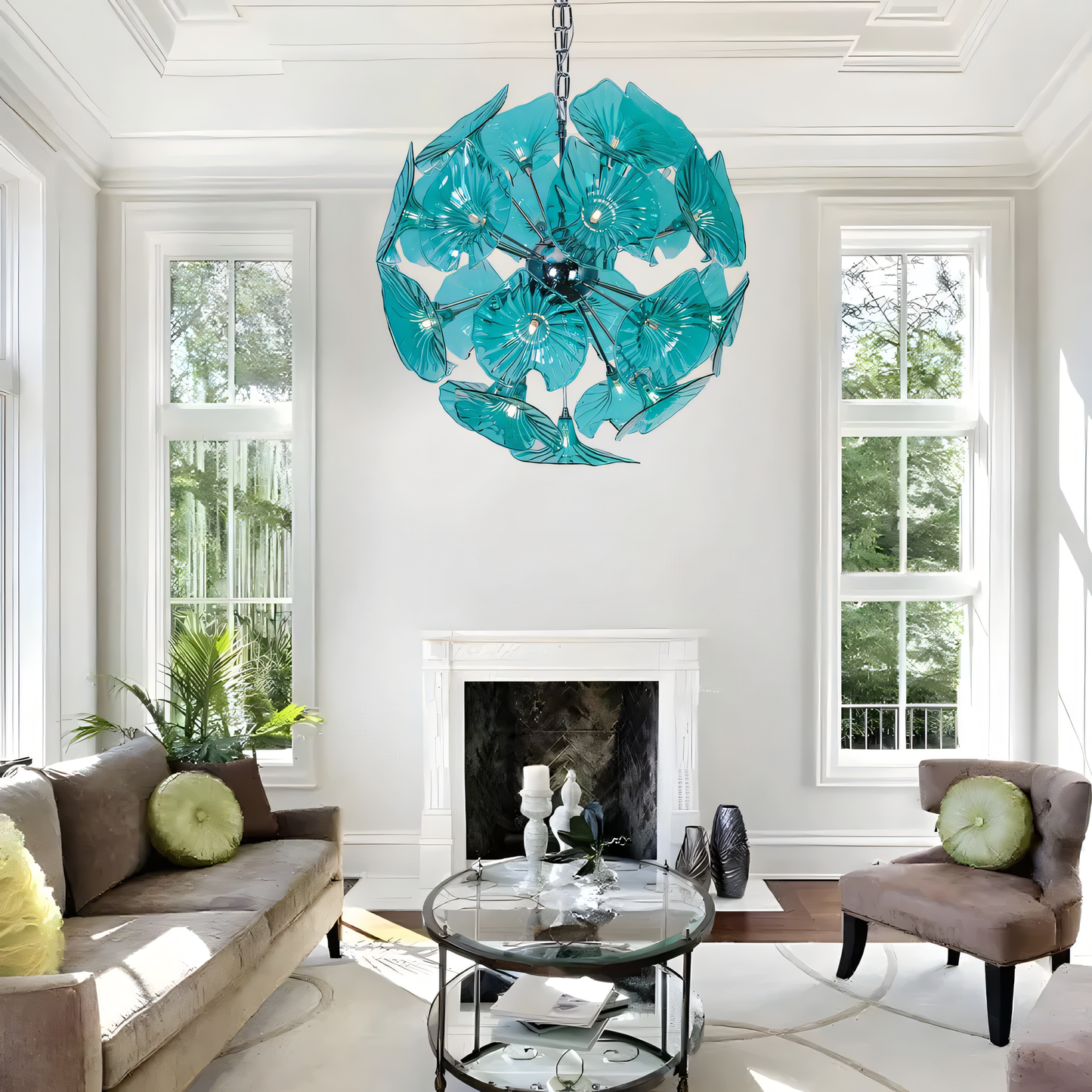 Enchanting blue crystal chandelier for island-inspired home