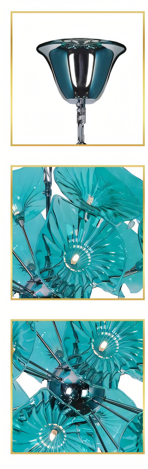 Mesmerizing blue-tinted crystal panels in 24" diameter chandelier