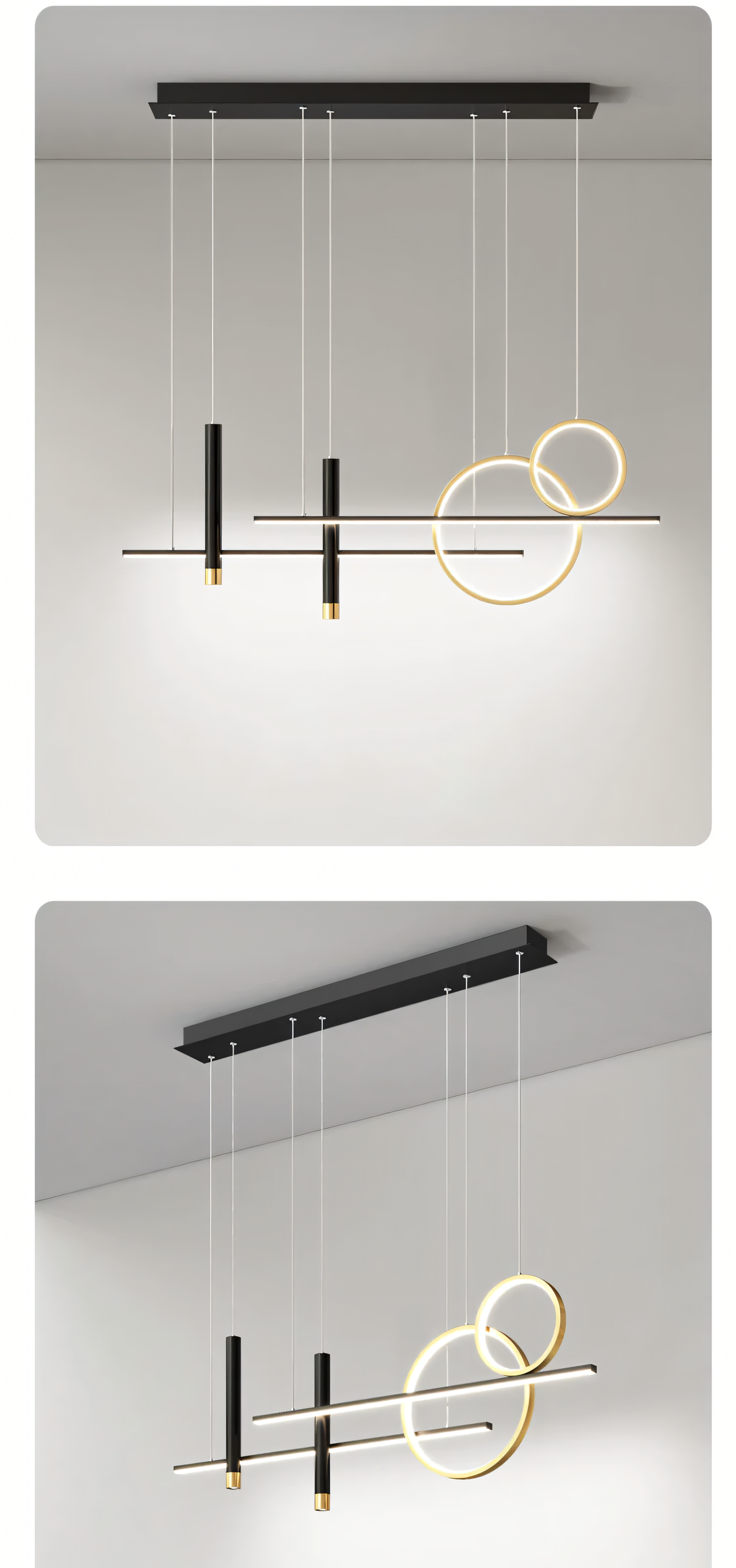 Energy-efficient LED chandelier in black and gold, ideal for modern spaces that require both style and function.