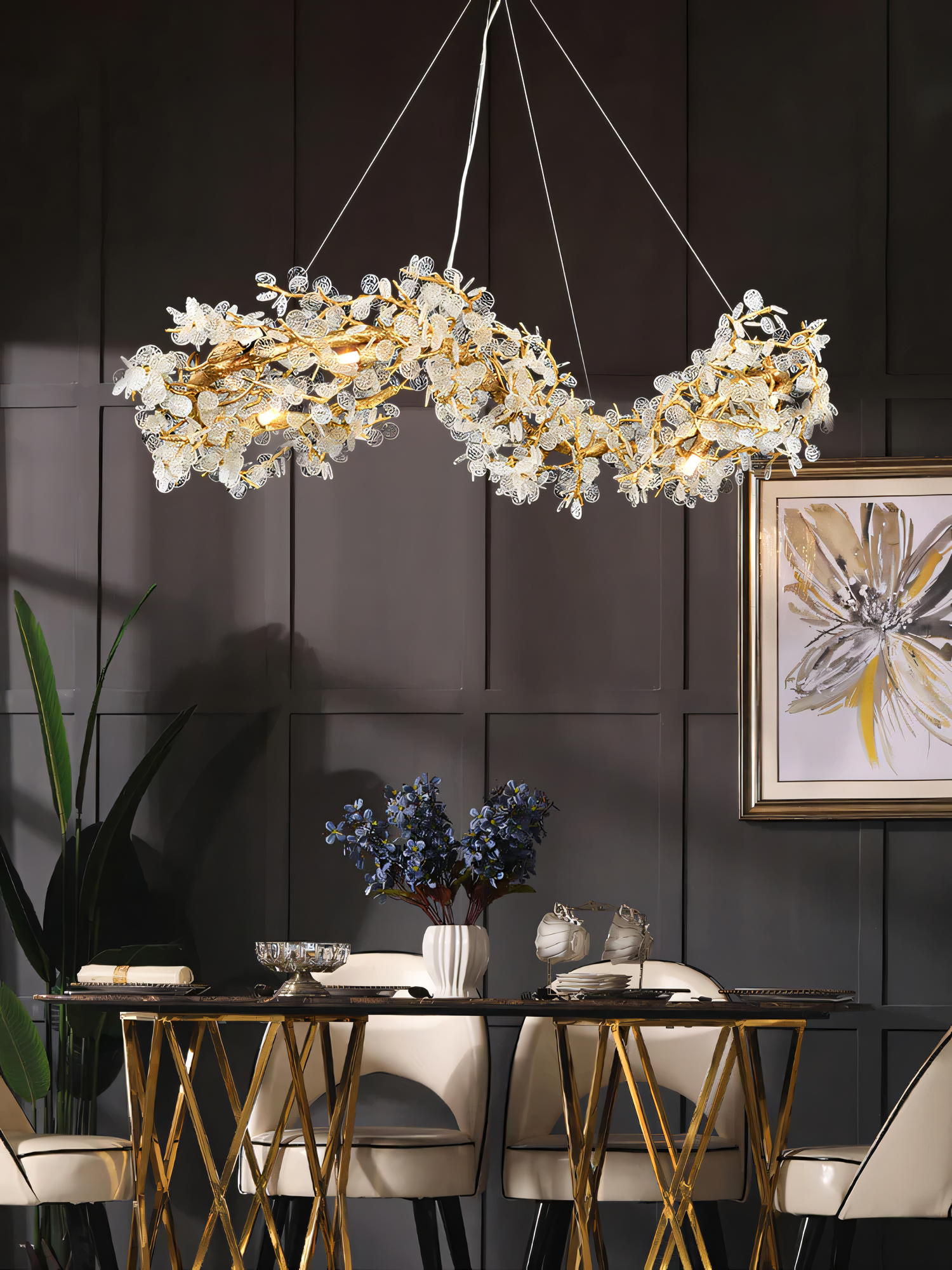 Cosmic-inspired golden mother of pearl crystal chandelier