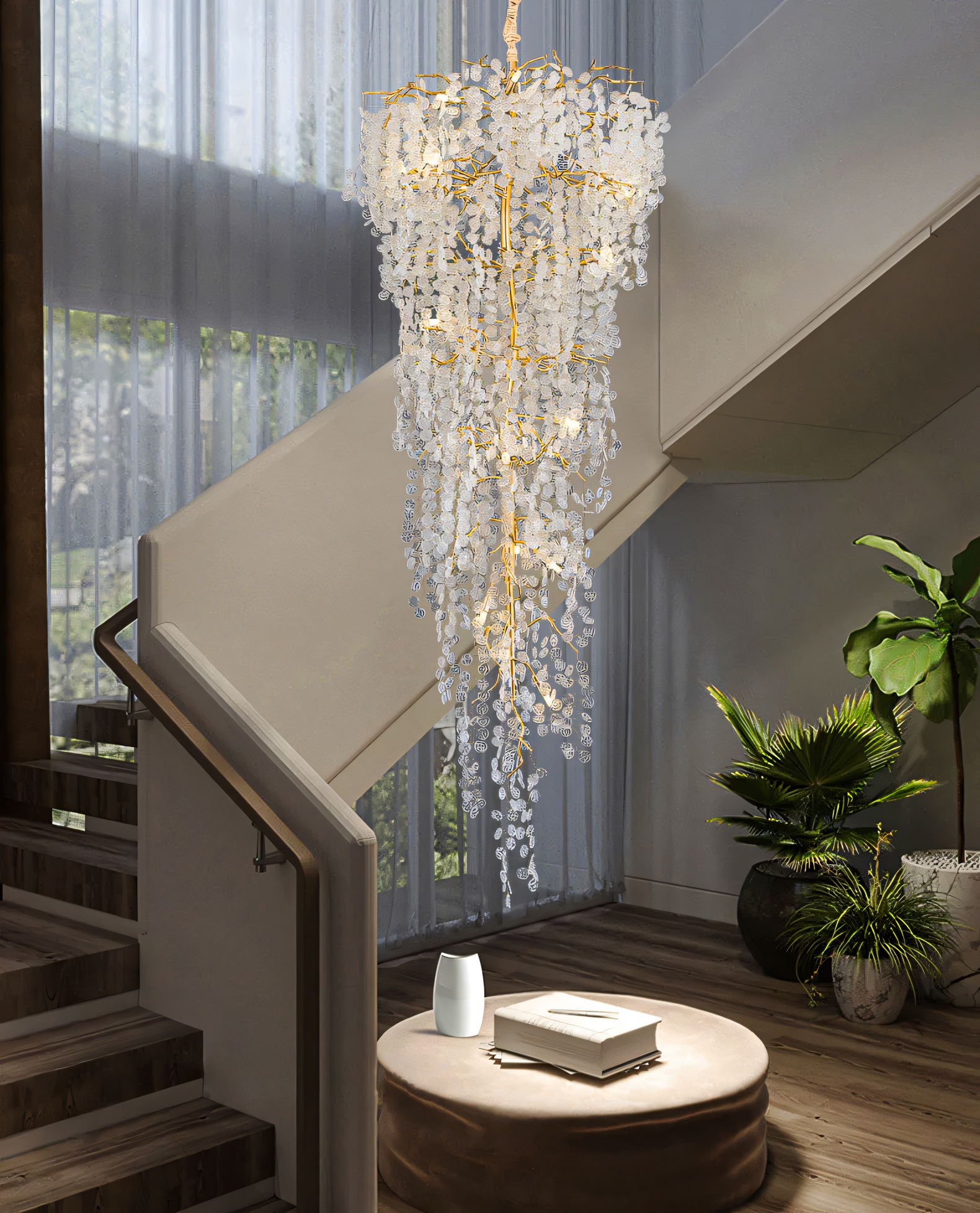 Captivating double-height staircase chandelier for luxury duplex