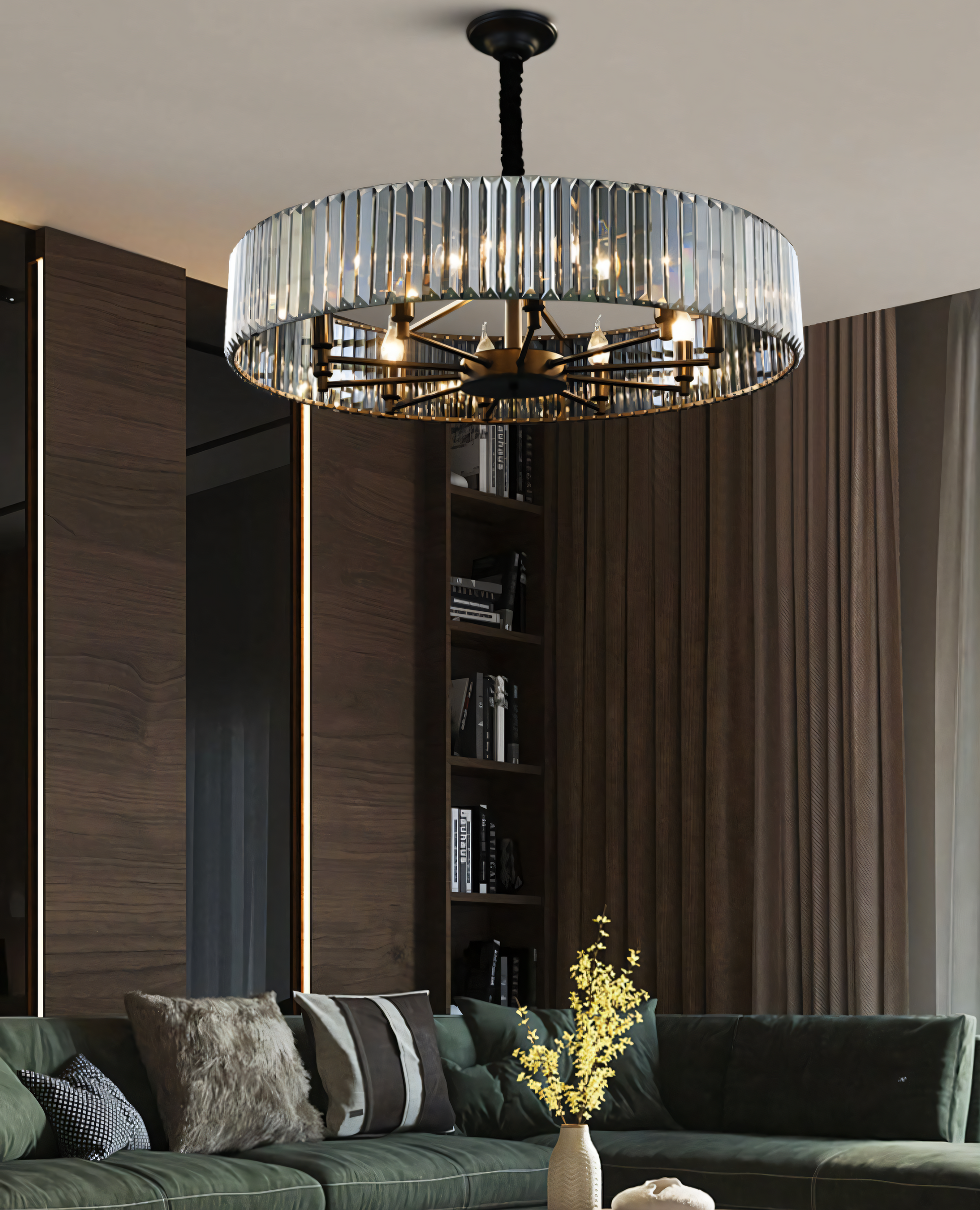 This LED chandelier isn't just a light source, it's a conversation starter. The black metal and smokey crystals create a unique and dramatic design.