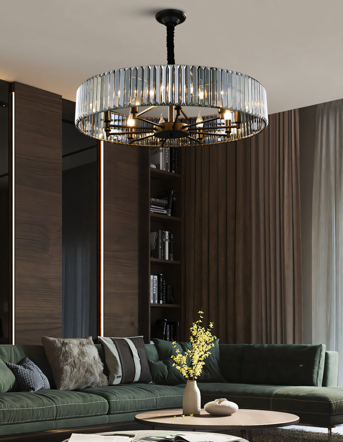 Modern meets drama! This 600mm Black Metal Chandelier features a sleek design with smokey crystals, perfect for a touch of sophisticated elegance.