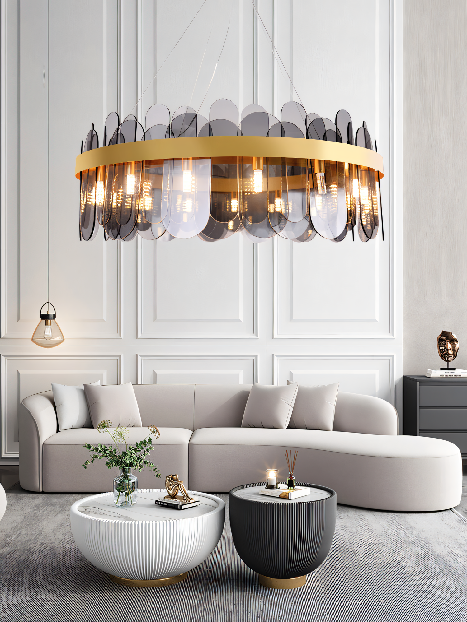 Elevate the ambiance of your restaurant or hotel with the 600mm Brass Chandelier with Smokey Glass. The warm glow and smokey glass create a welcoming atmosphere for your guests.