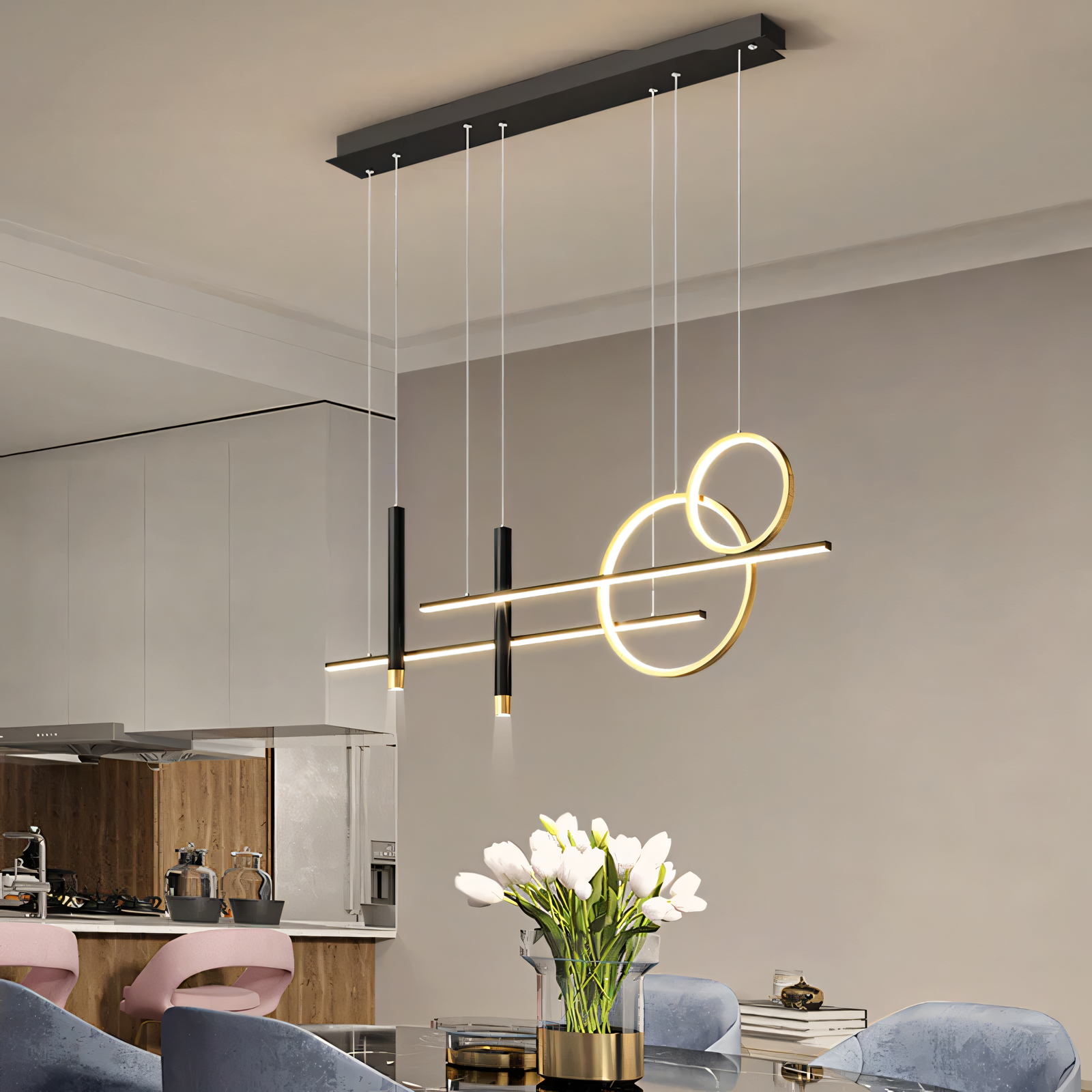 Modern chandelier with a bold black and gold combination, perfect for living rooms, dining rooms, and offices.