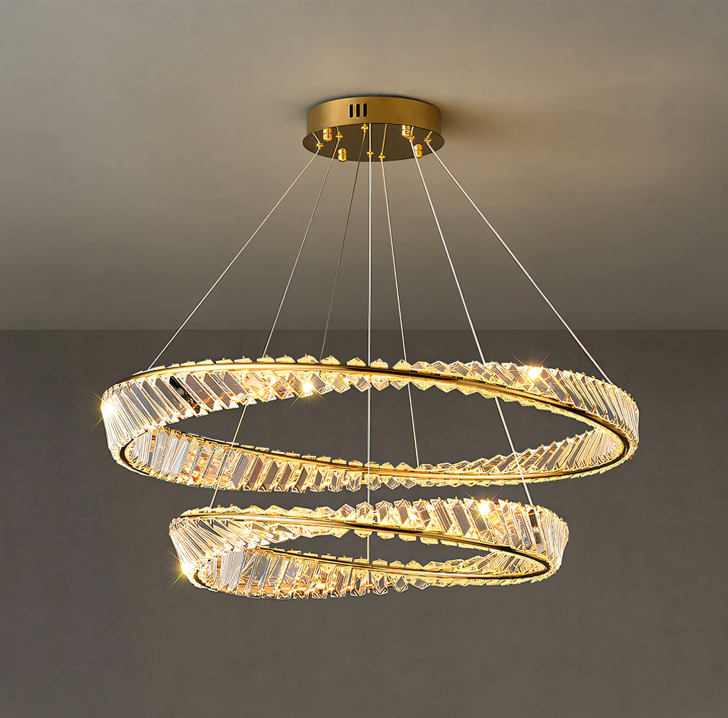 Captivating tilted crystal LED chandelier, a masterpiece of modern design