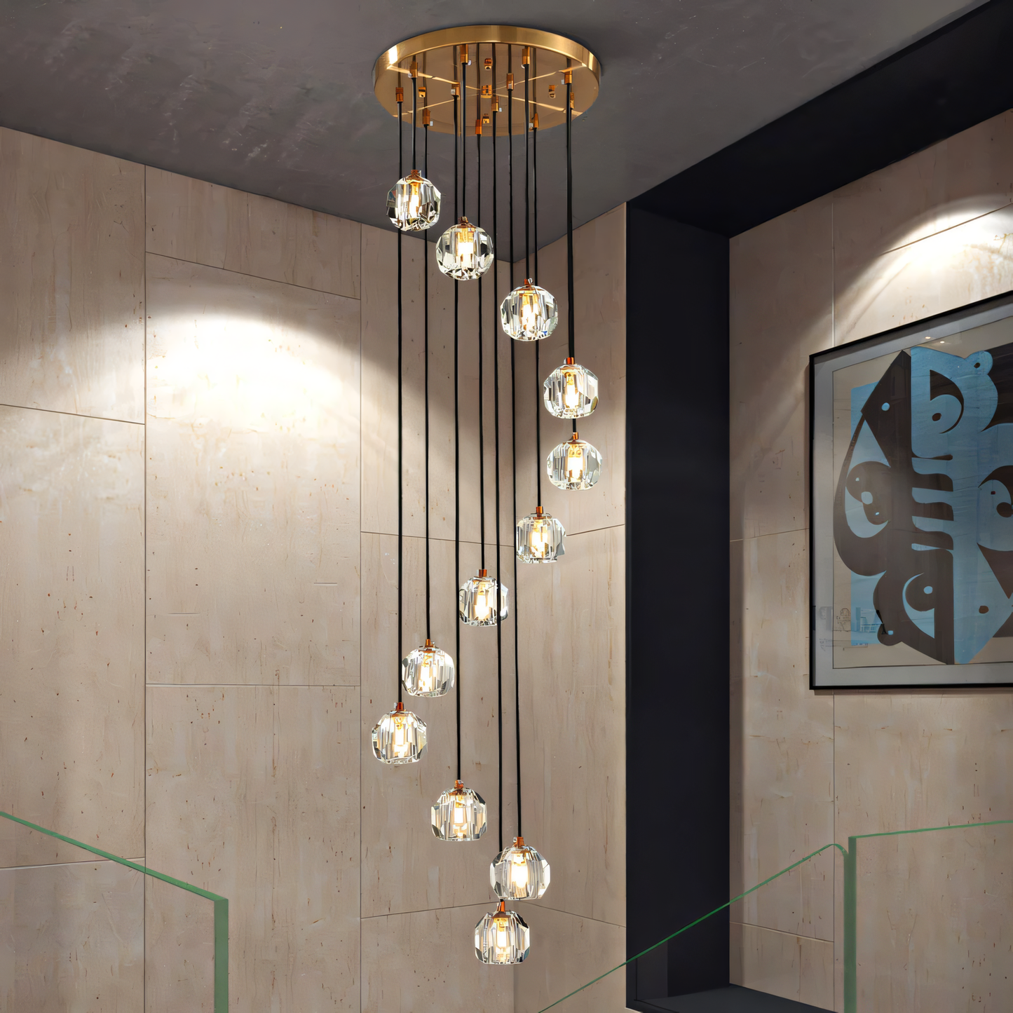 Sophisticated long gold chandelier