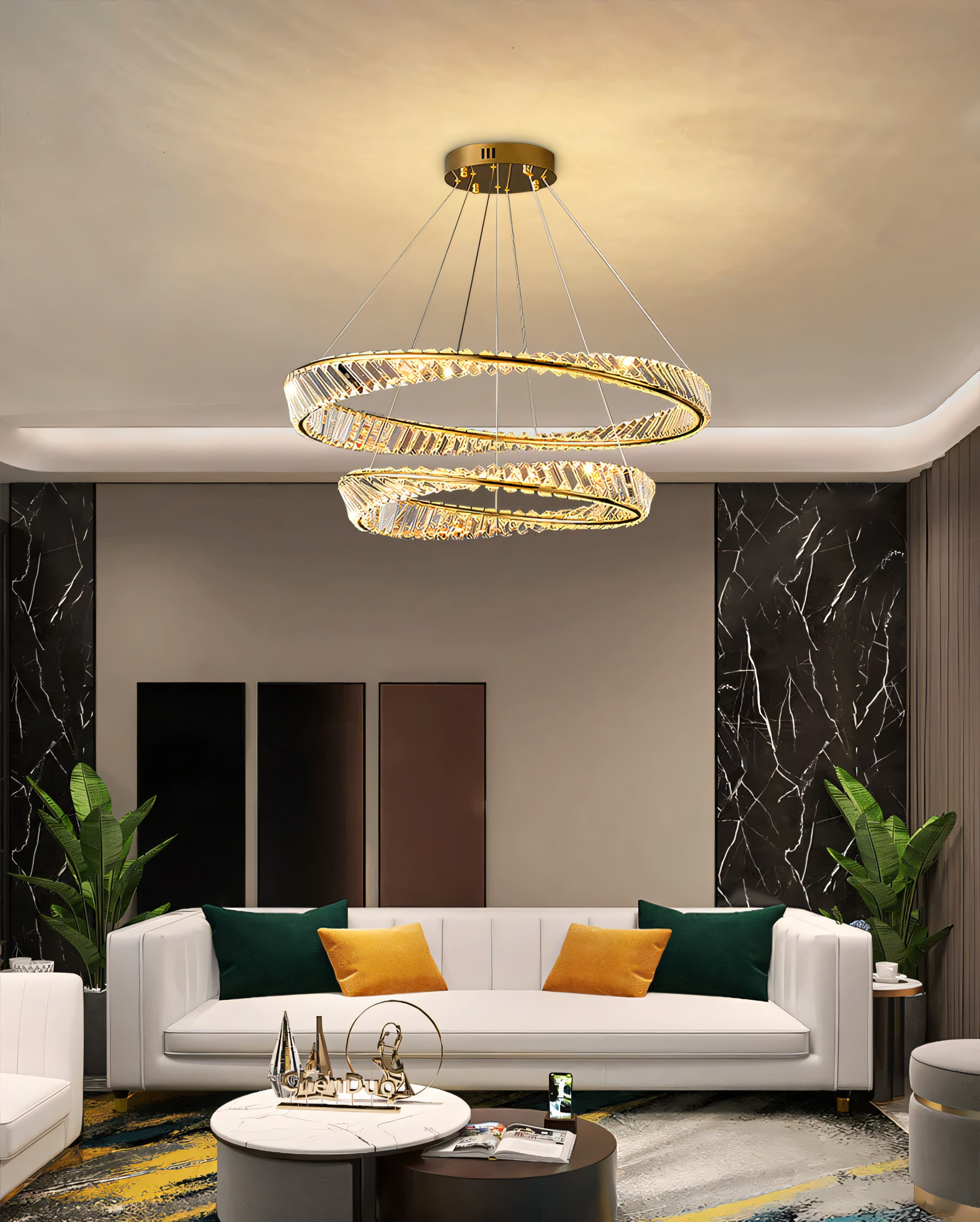 Elegant tilted crystal LED chandelier, a centerpiece of contemporary refinement