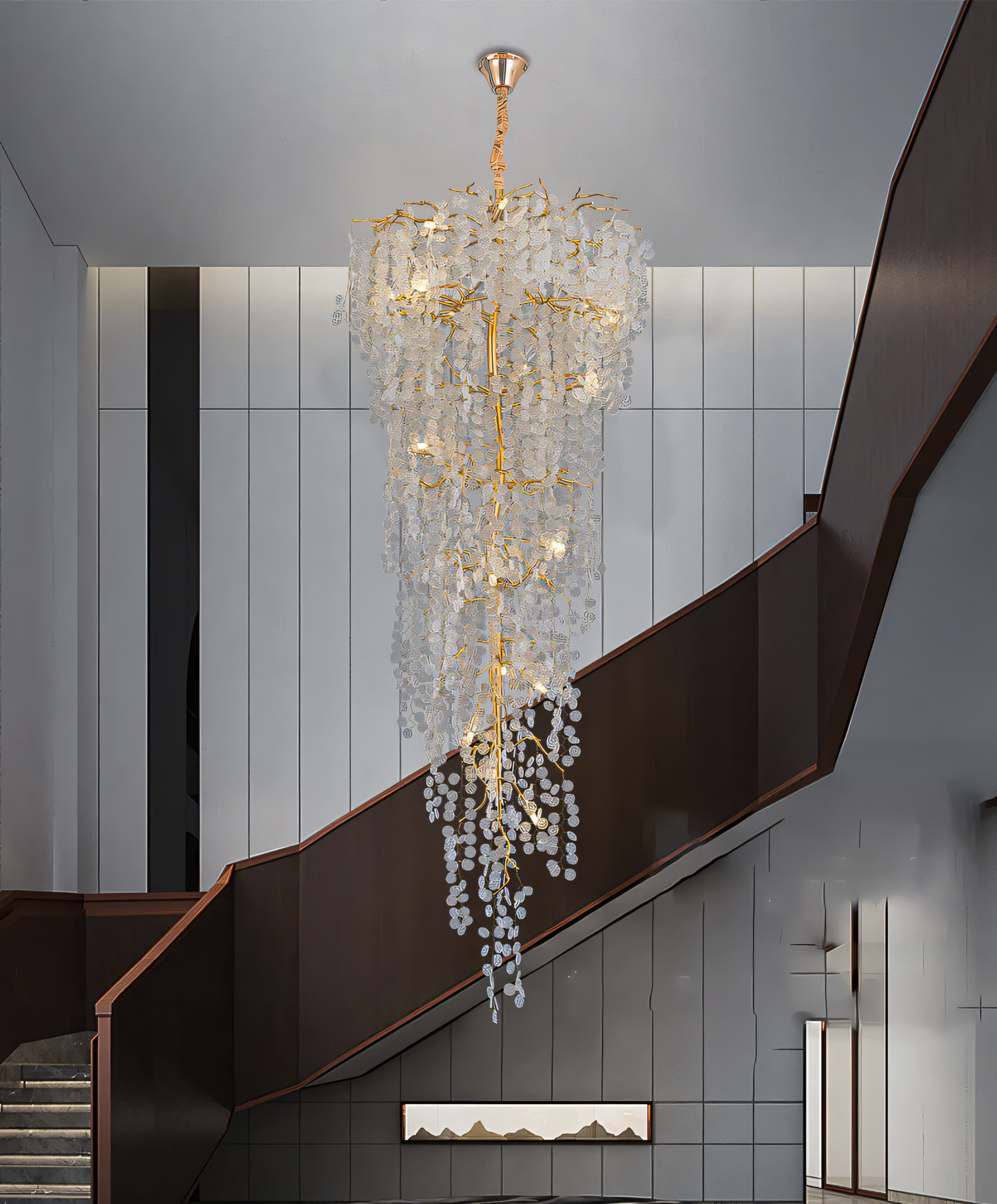 Adjustable hanging chandelier for double-height space