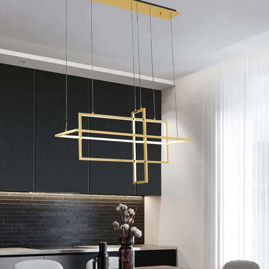 Contemporary brass gold LED chandelier with rectangular rings