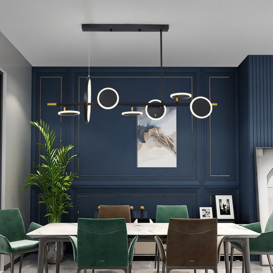 Modern black metal chandelier with 7 LED lights in a sleek linear design. Ideal for living rooms, dining rooms, kitchens, and more.