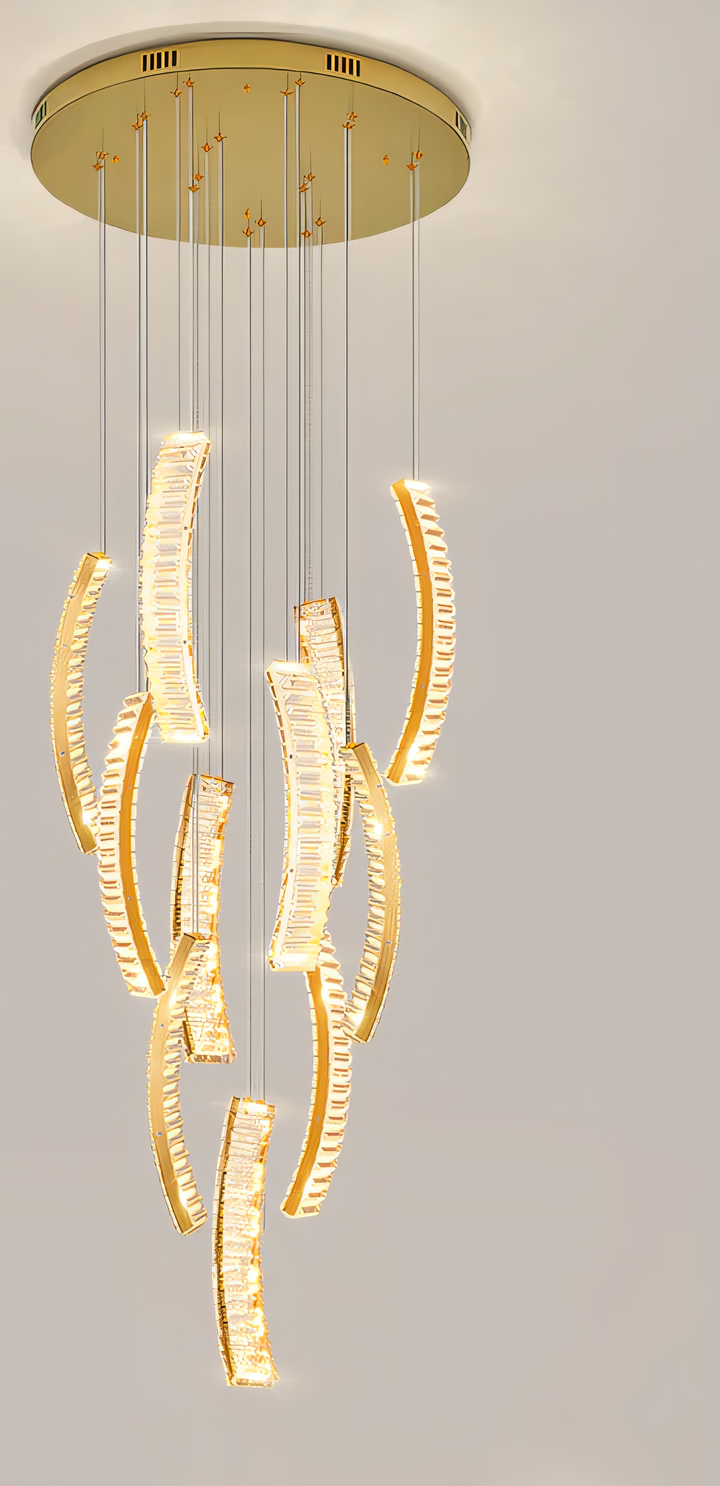 Elegant double-height staircase chandelier with crystal prisms