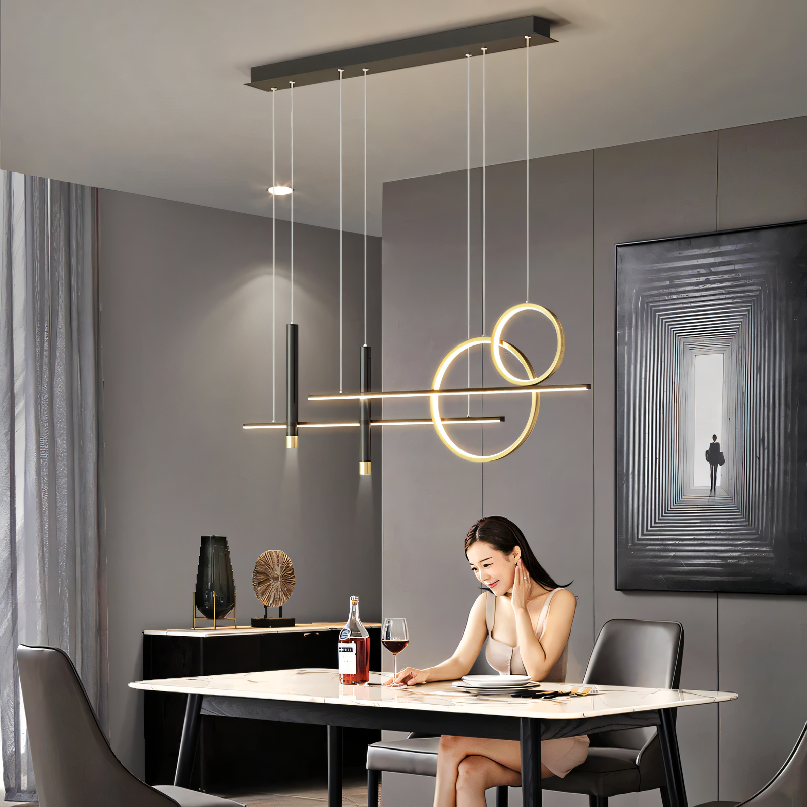 6-light LED chandelier in black and gold, featuring a sleek design with focused illumination.