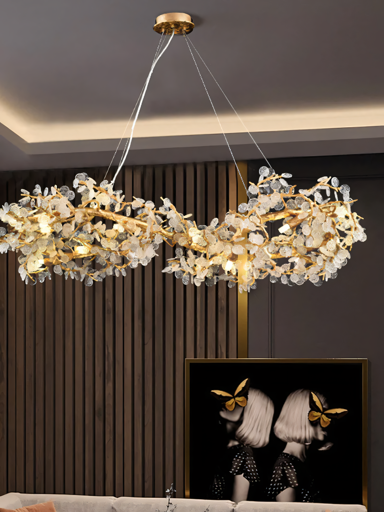 Luminous mother of pearl crystal elements in chandelier design