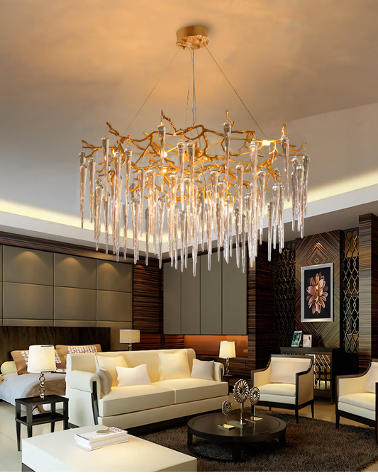 600 MM Long Crystal Spike Glass Gold Metal LED Chandelier Hanging Suspension Lamp