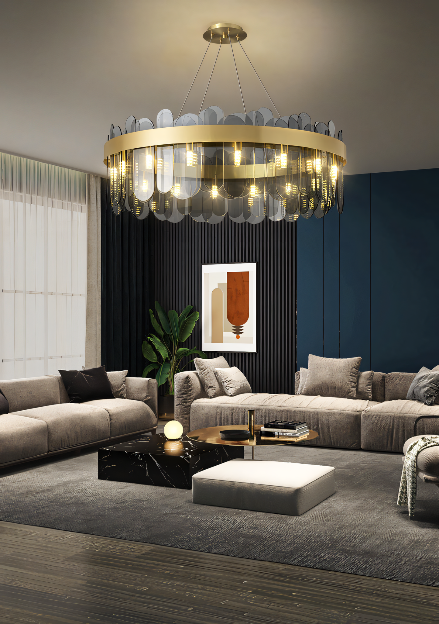 Illuminate your space in style with the 600mm Brass Chandelier with Smokey Glass. This modern marvel is perfect for living rooms, dining rooms, bedrooms, and more!