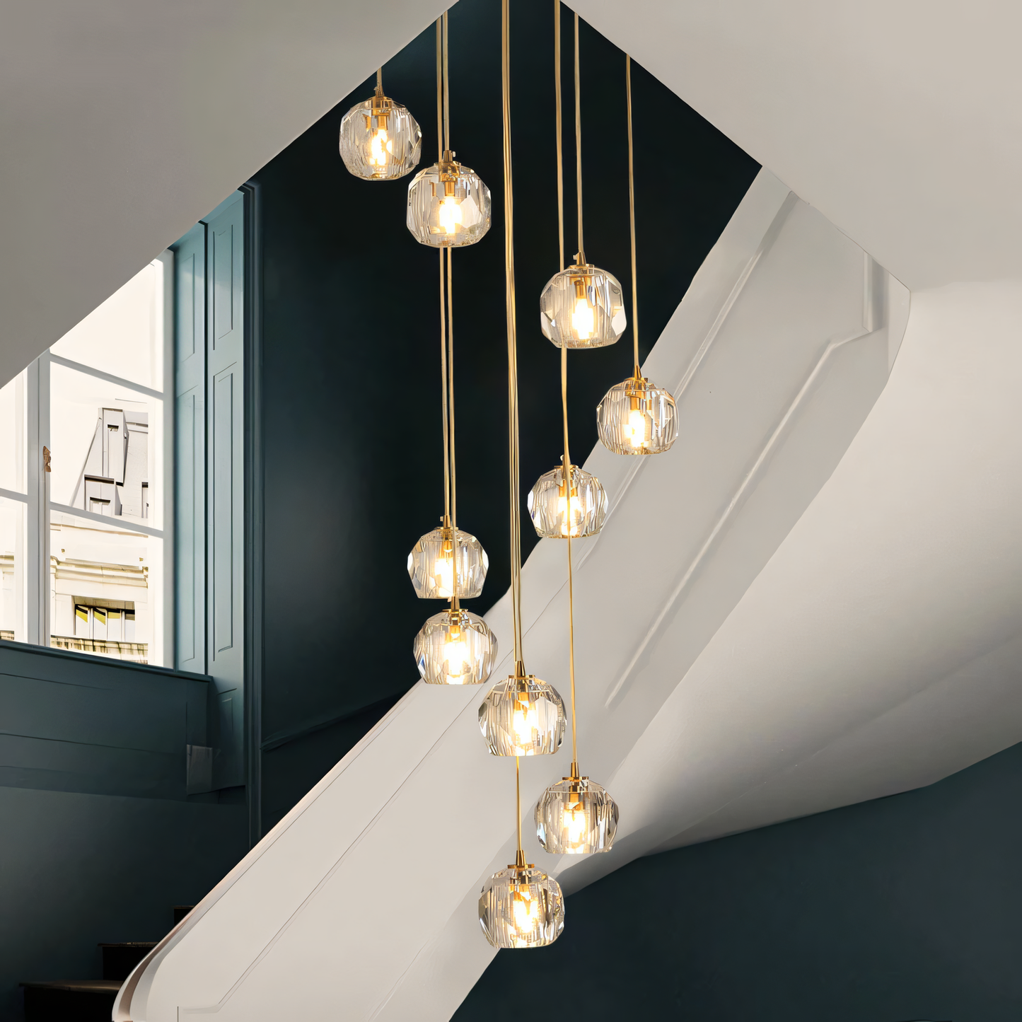 12-light LED glass and gold chandelier