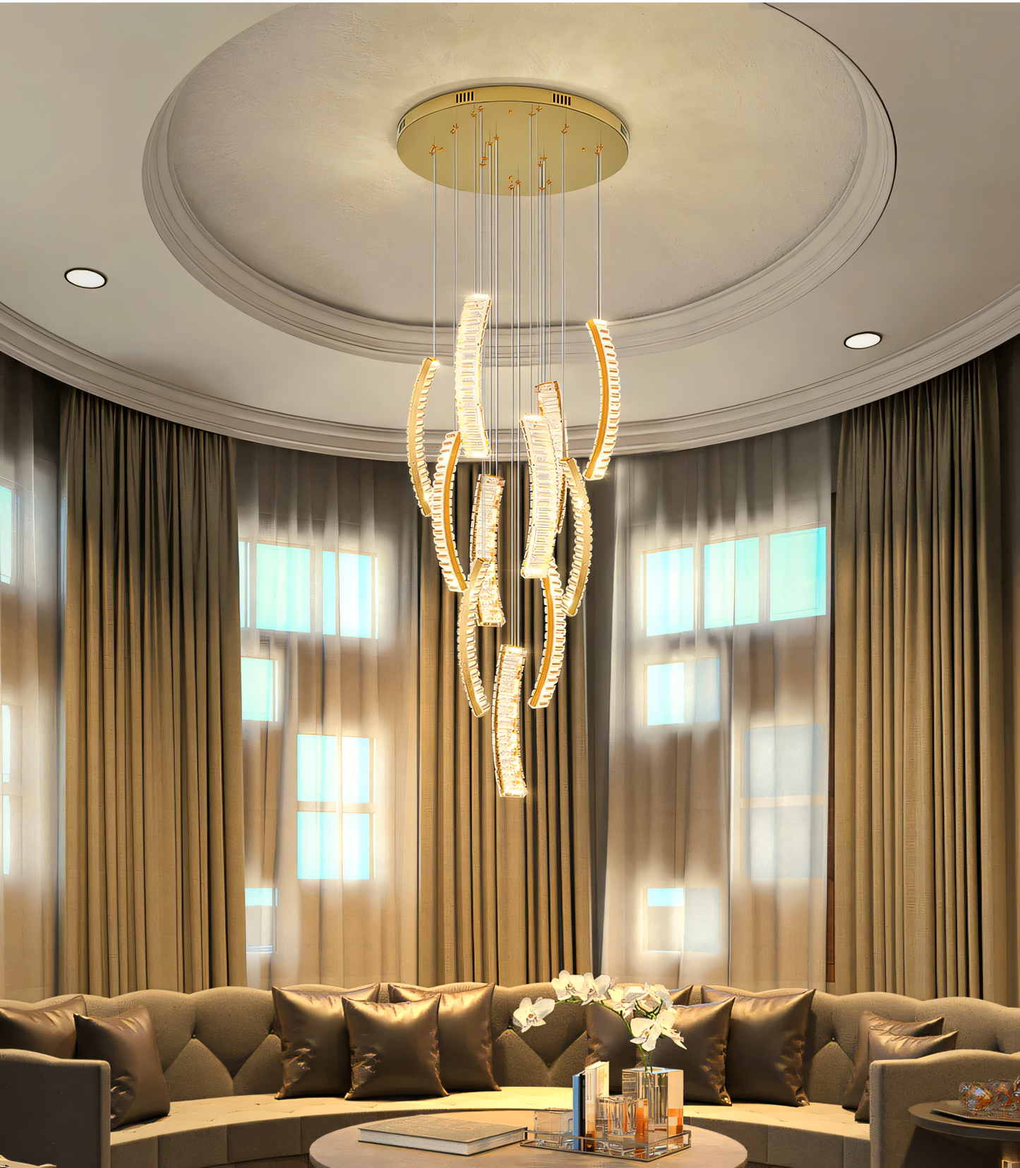 Minimalist modern chandelier with cascading crystal tiers