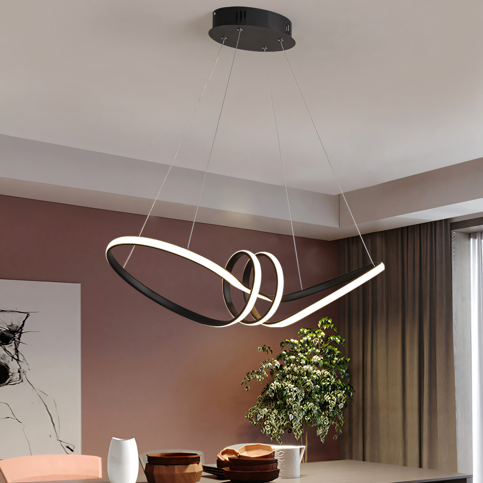 Dramatic black metal and LED light chandelier with a 700mm diameter, exuding a sleek, modern elegance in an interior setting