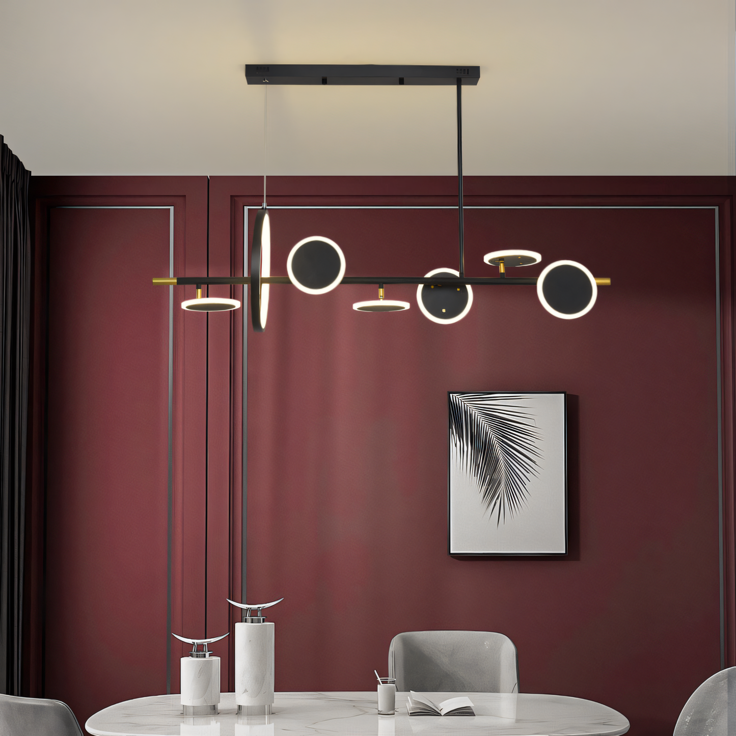 Upgrade your living space with a modern statement piece. This black 7-LED chandelier creates a captivating play of light and shadow.