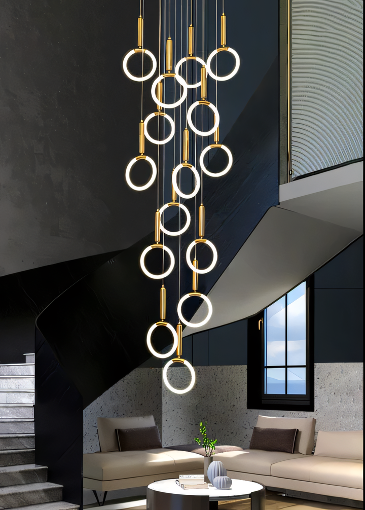 Adjustable height gold ring double-height chandelier