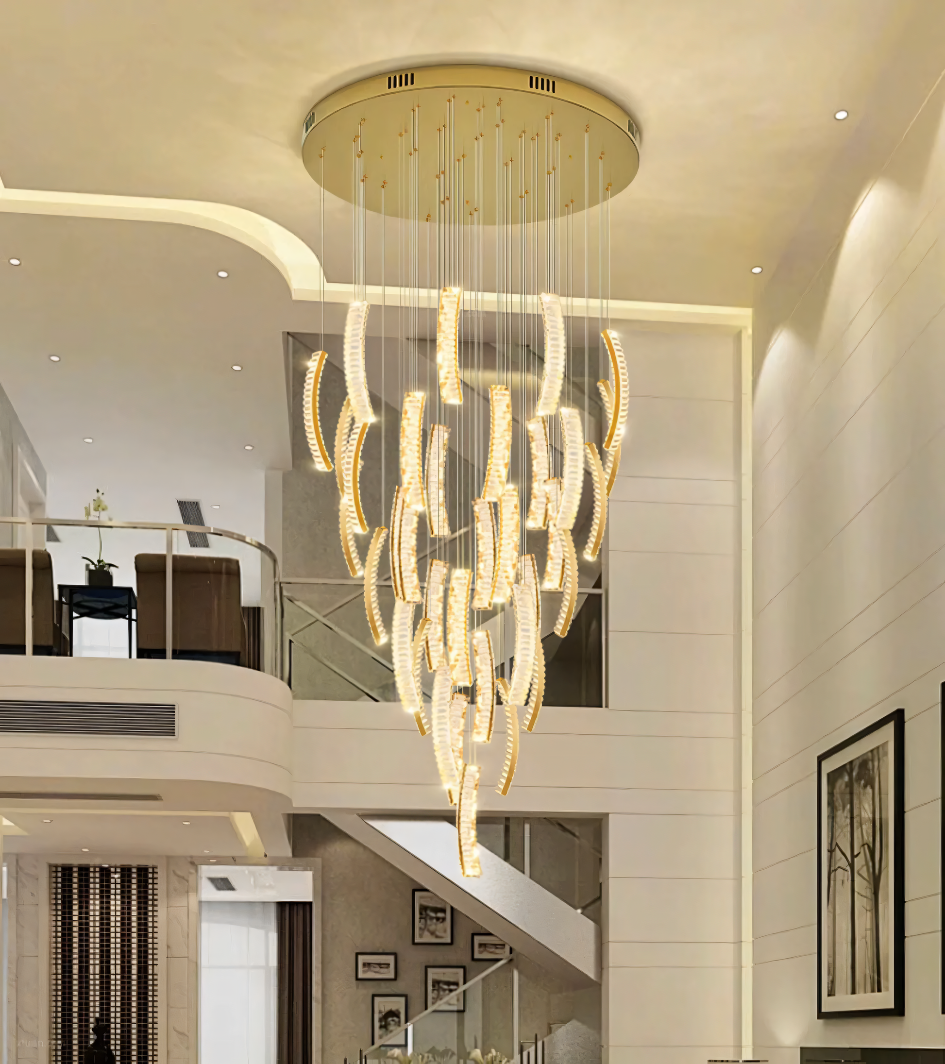 Warm LED lighting illuminates a grand foyer in a beach house