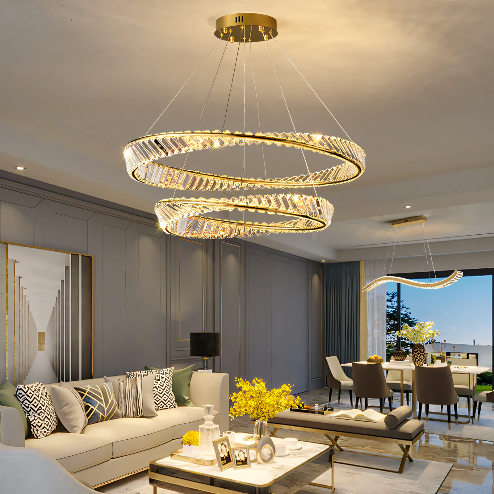 Striking tilted crystal LED chandelier in a chic and stylish apartment