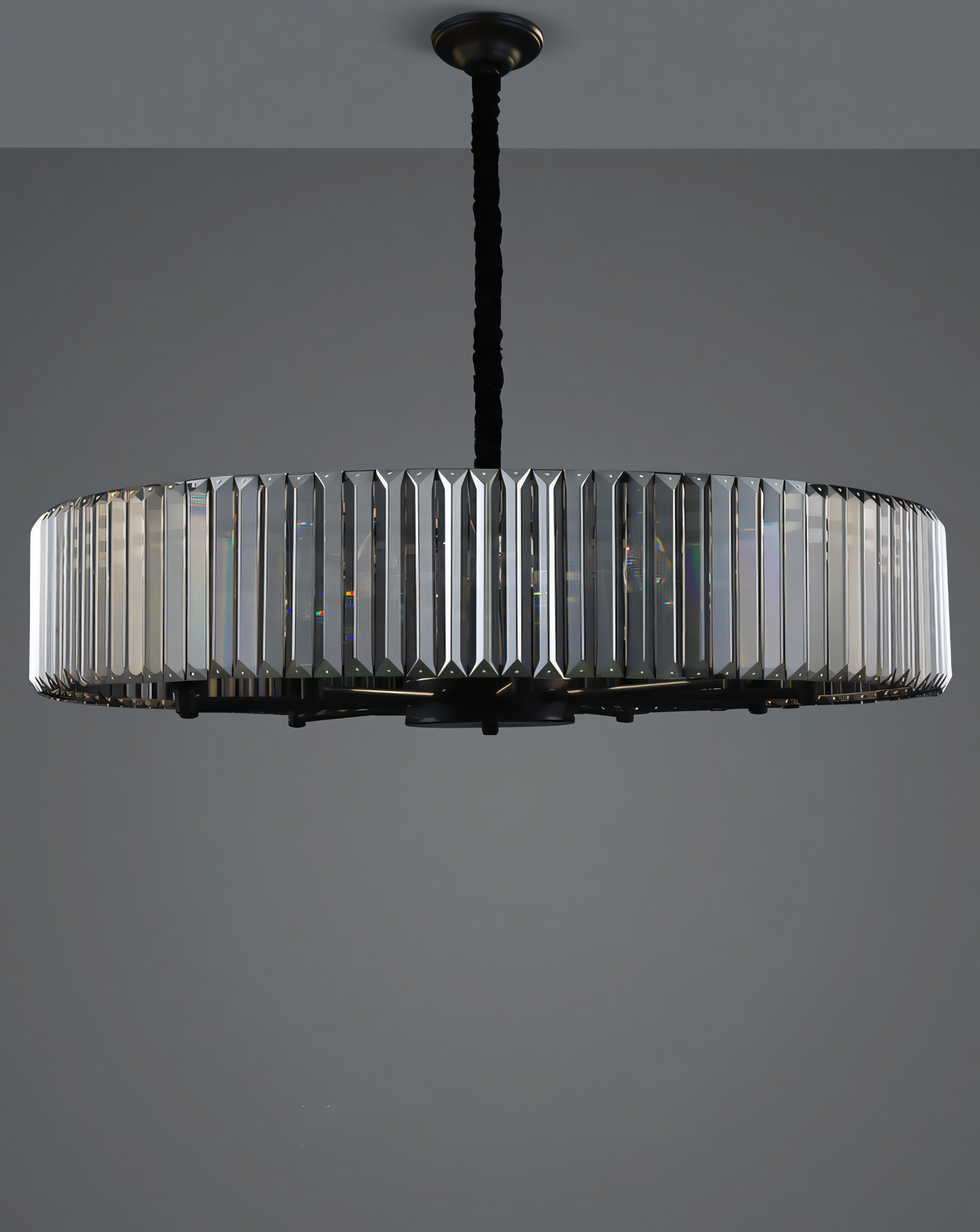 This modern black chandelier features a classic round design with smokey crystals, adding a touch of sophisticated charm to your space.