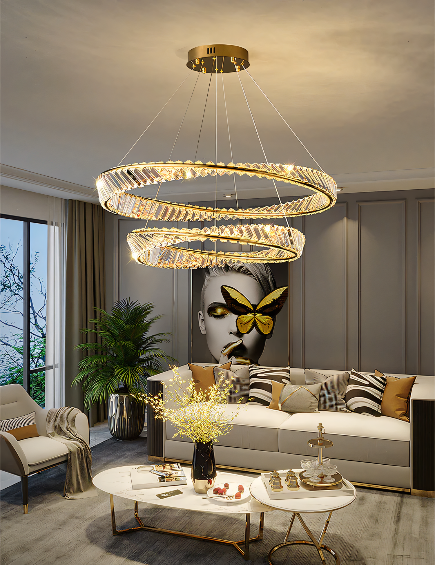 Breathtaking tilted crystal LED chandelier, a vision of modern elegance