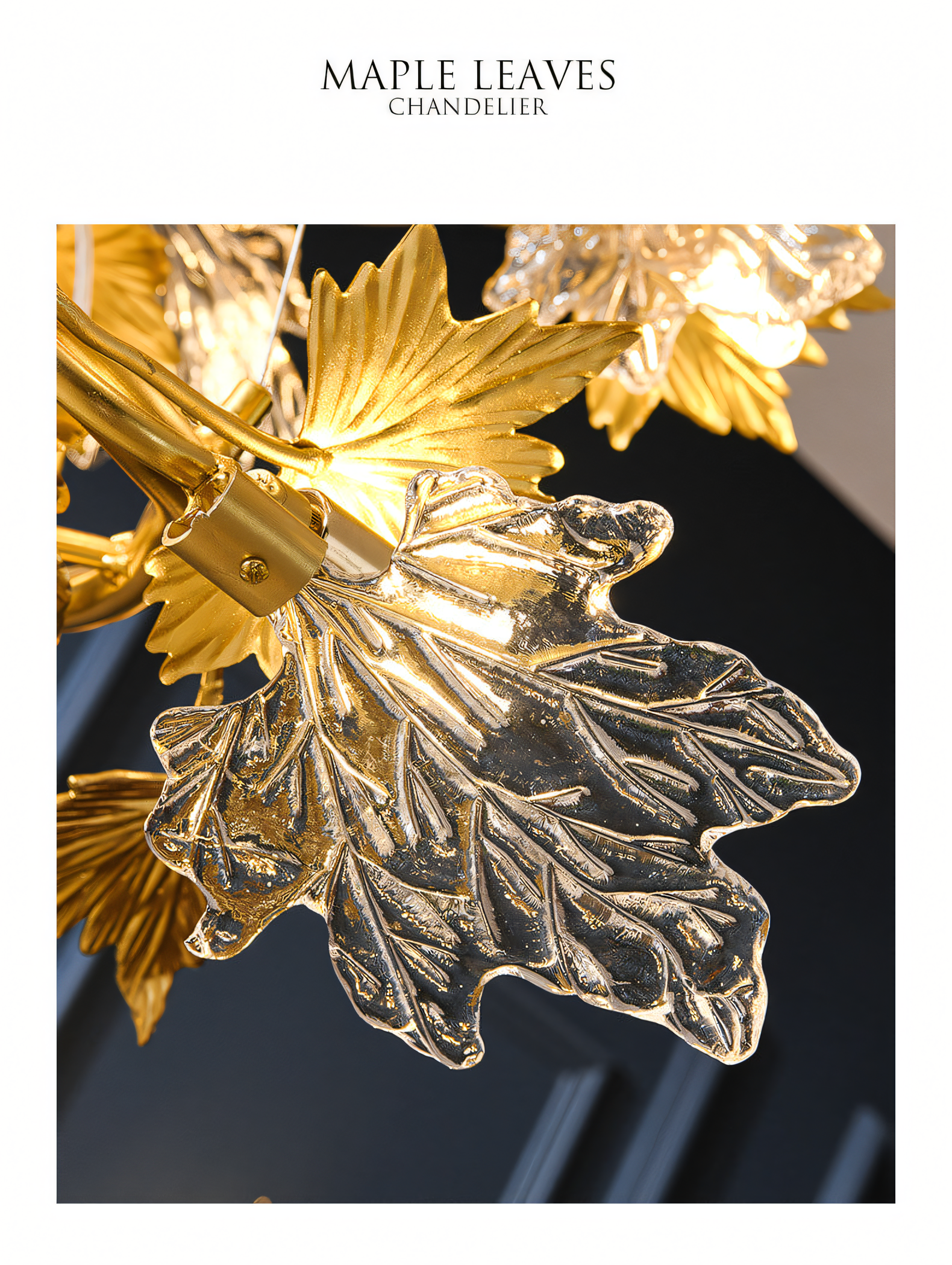 A gold chandelier with crystal teardrops and maple leaf accents hangs from a dining room ceiling. The chandelier casts a warm, inviting glow on the space.