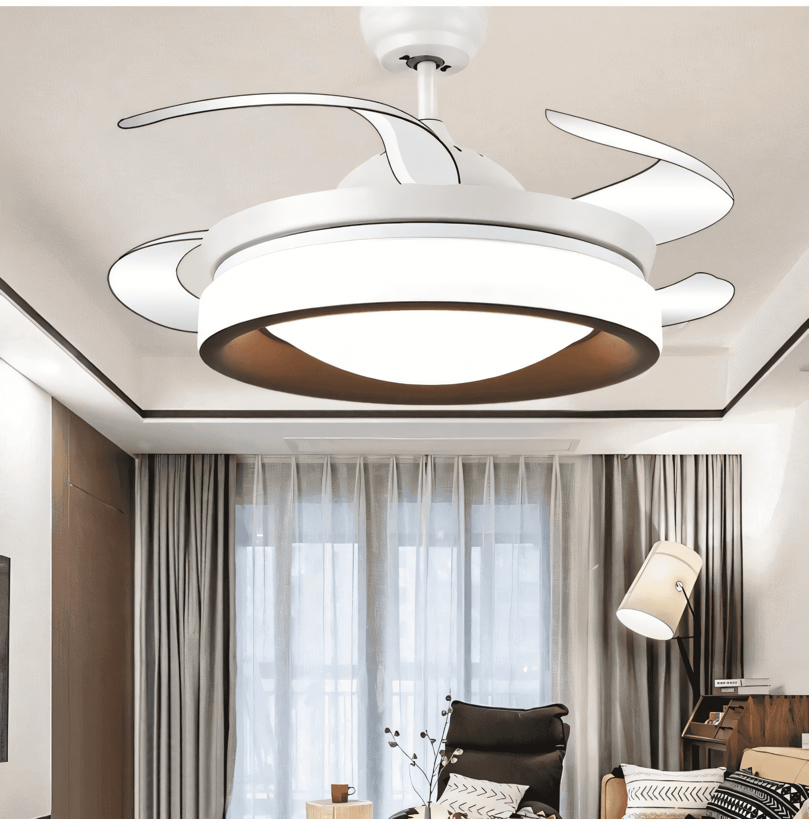 White ceiling fan with remote control and adjustable lighting