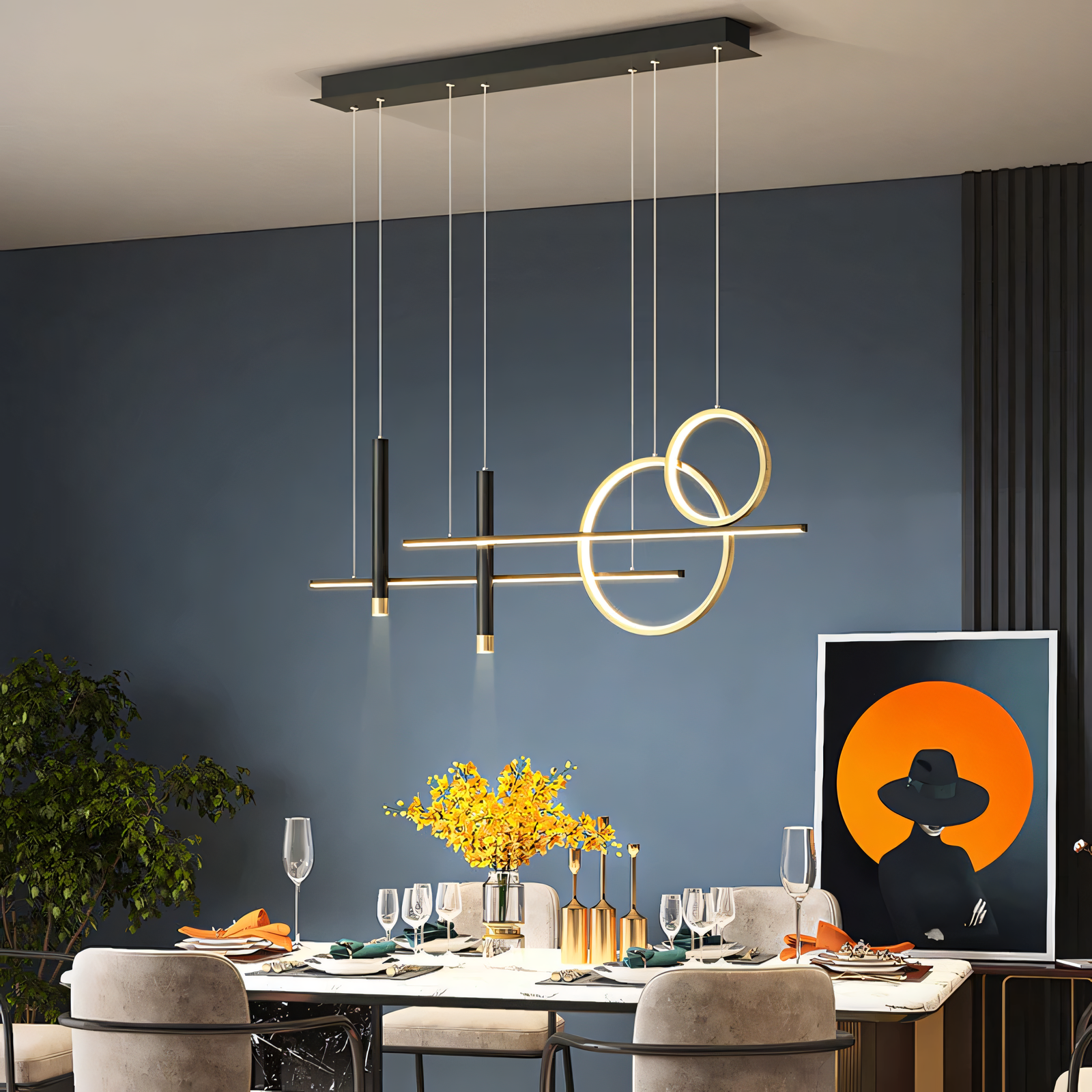 Black metal frame with gold accents, this LED chandelier offers a modern take on traditional lighting.