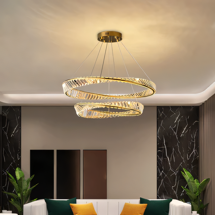 Mesmerizing tilted LED chandelier with crystal elements, a true delight