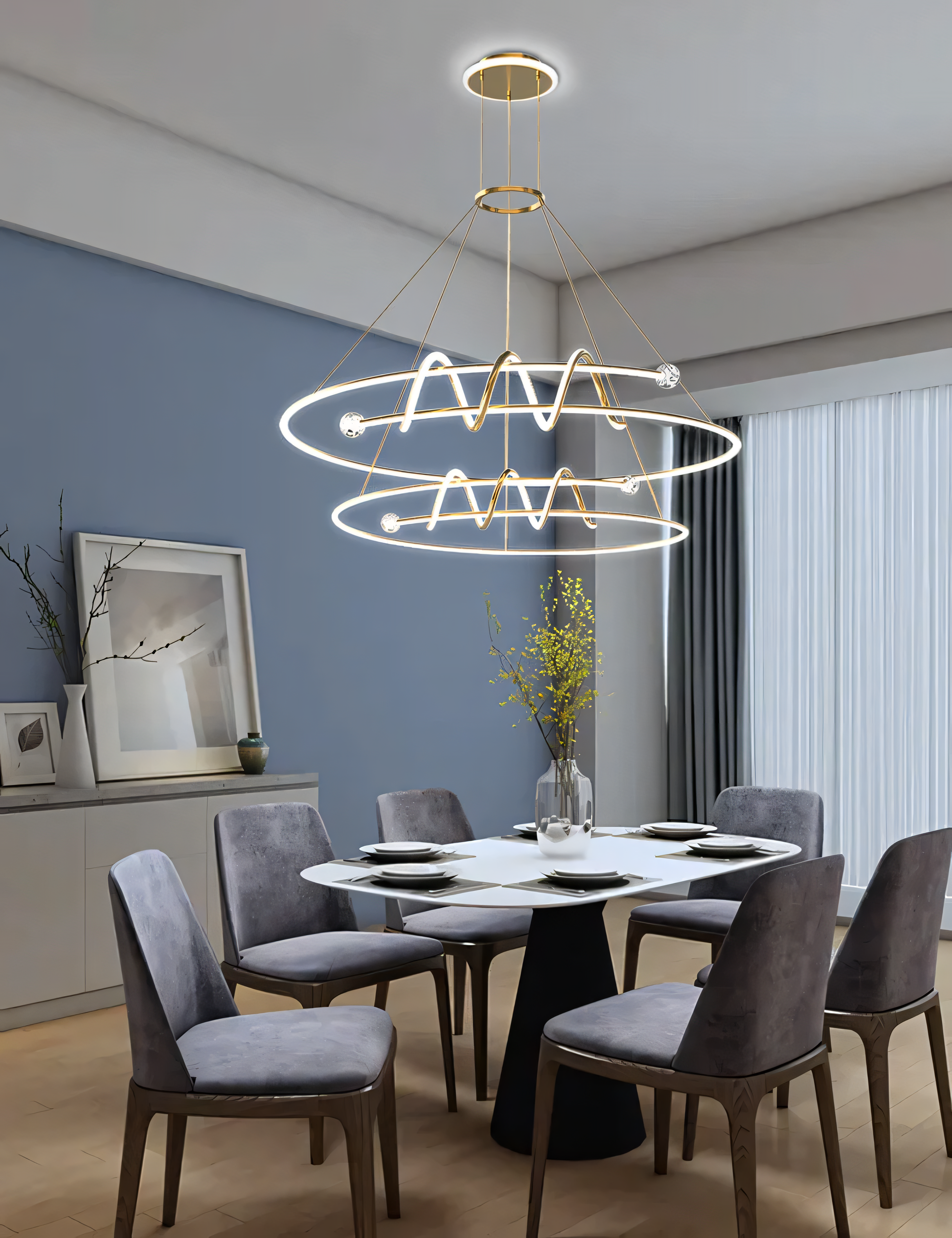 Elegant two-layer curl ring chandelier with warm glow