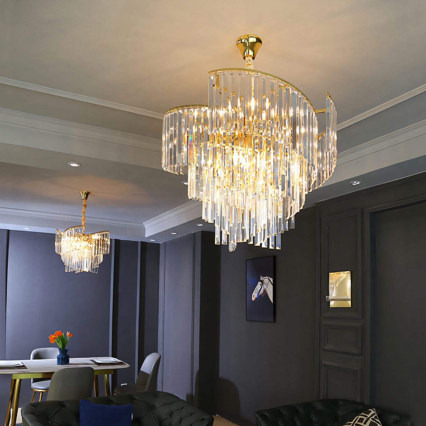 Modern meets classic! Upgrade your home with the 600mm Gold Crystal Chandelier. This dazzling centerpiece boasts a modern single-tier design with cascading crystals for a touch of elegance.