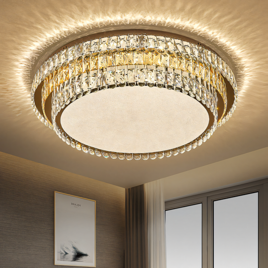 Sparkling 3-layer Gold K9 Crystal Chandelier Lamp creates a dazzling display of light with cascading crystals. Perfect for living rooms, dining rooms, and more.