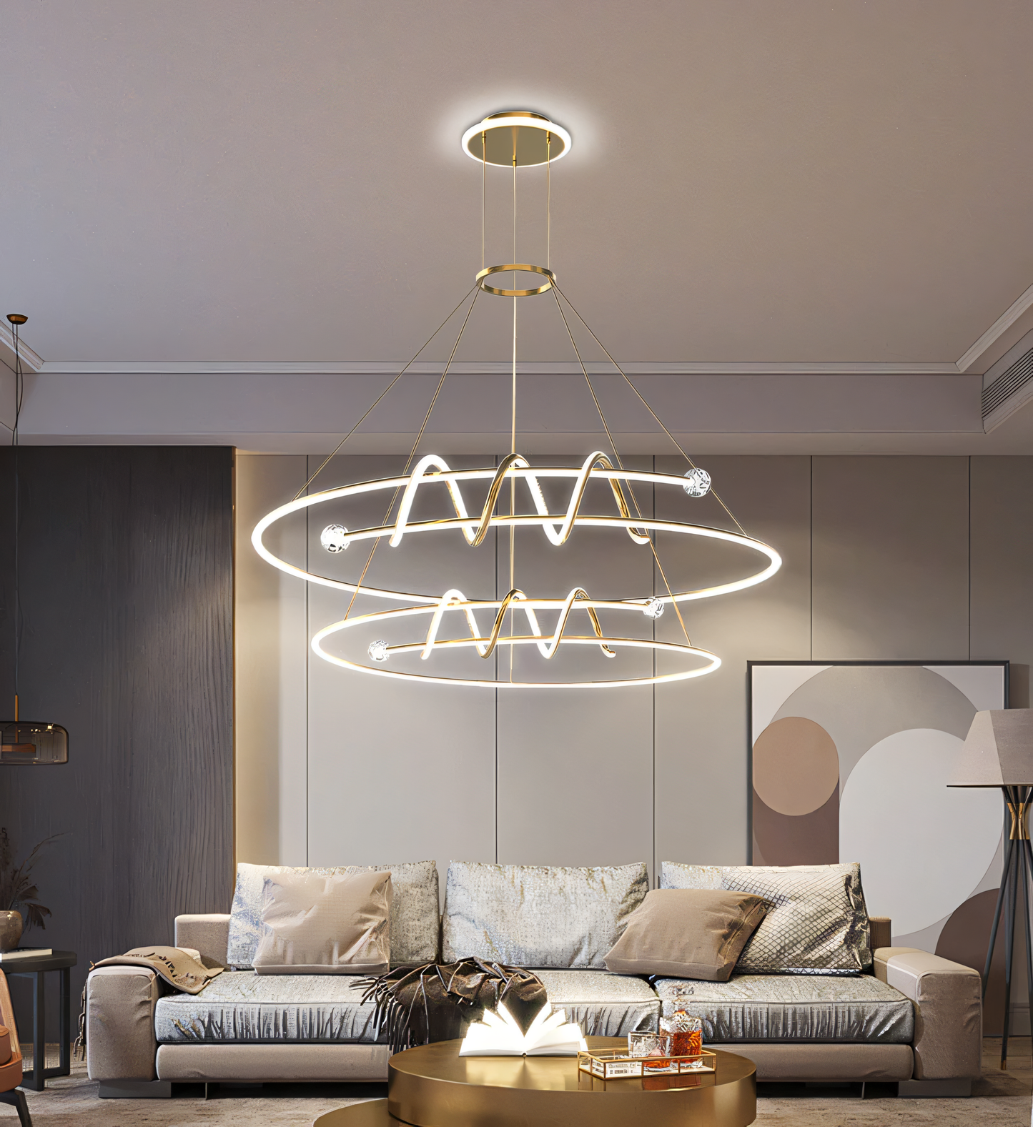 Contemporary curled gold ring LED chandelier for luxury homes