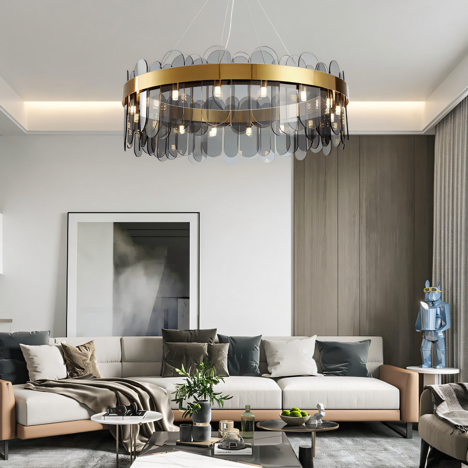 This modern gold chandelier features a round design with beautiful smokey glass panels, adding a touch of modern intrigue to your space.