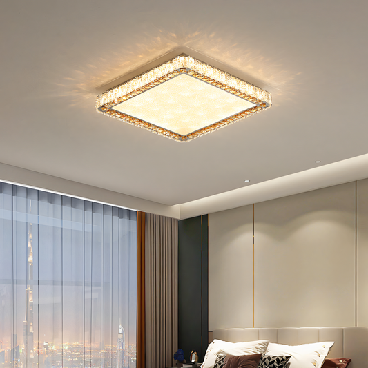 Square gold crystal LED chandelier (600x600mm) with cascading crystals for a dazzling display of light. Ideal for living rooms, dining rooms, and more.