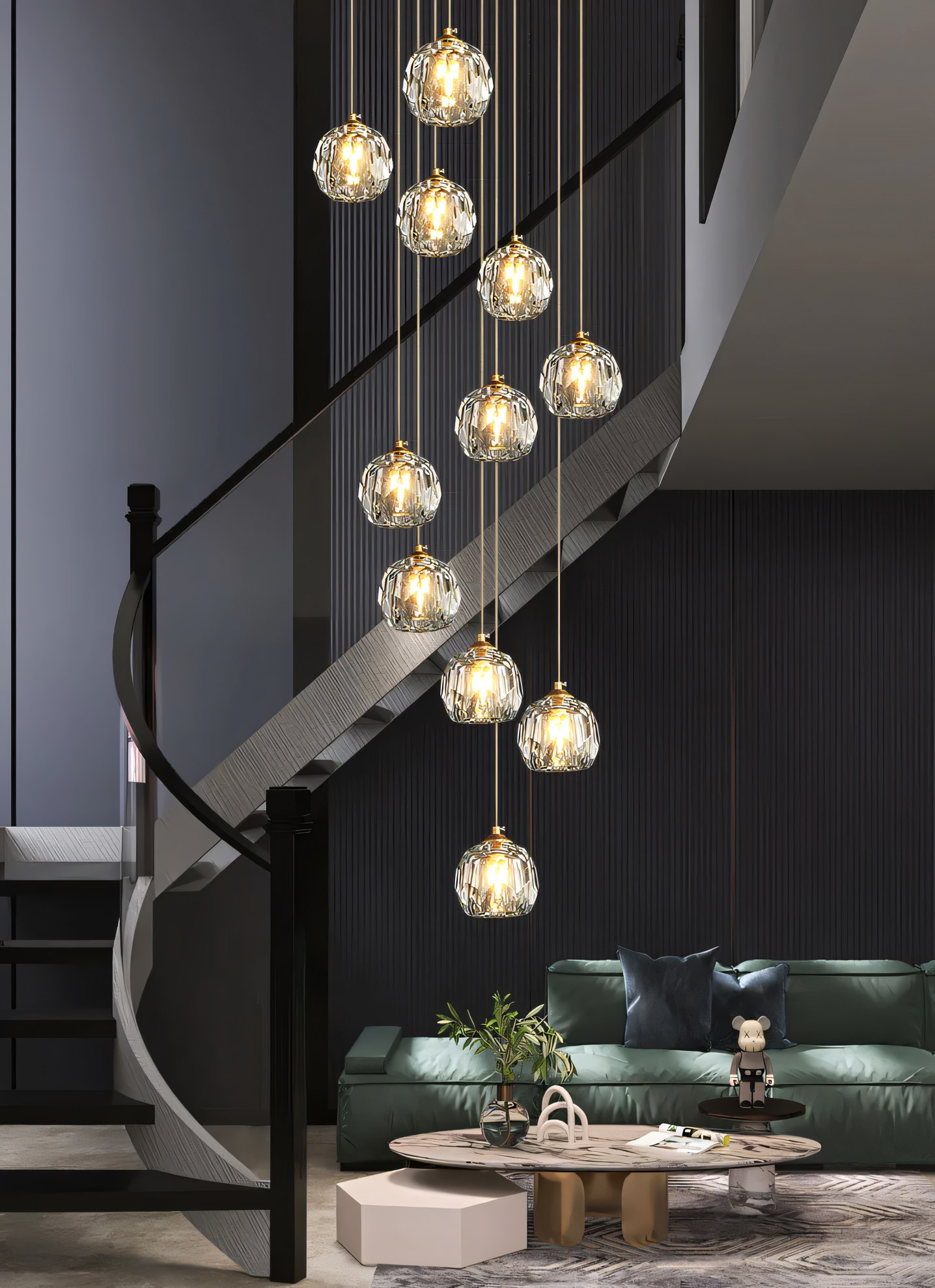 Elegant gold double-height chandelier