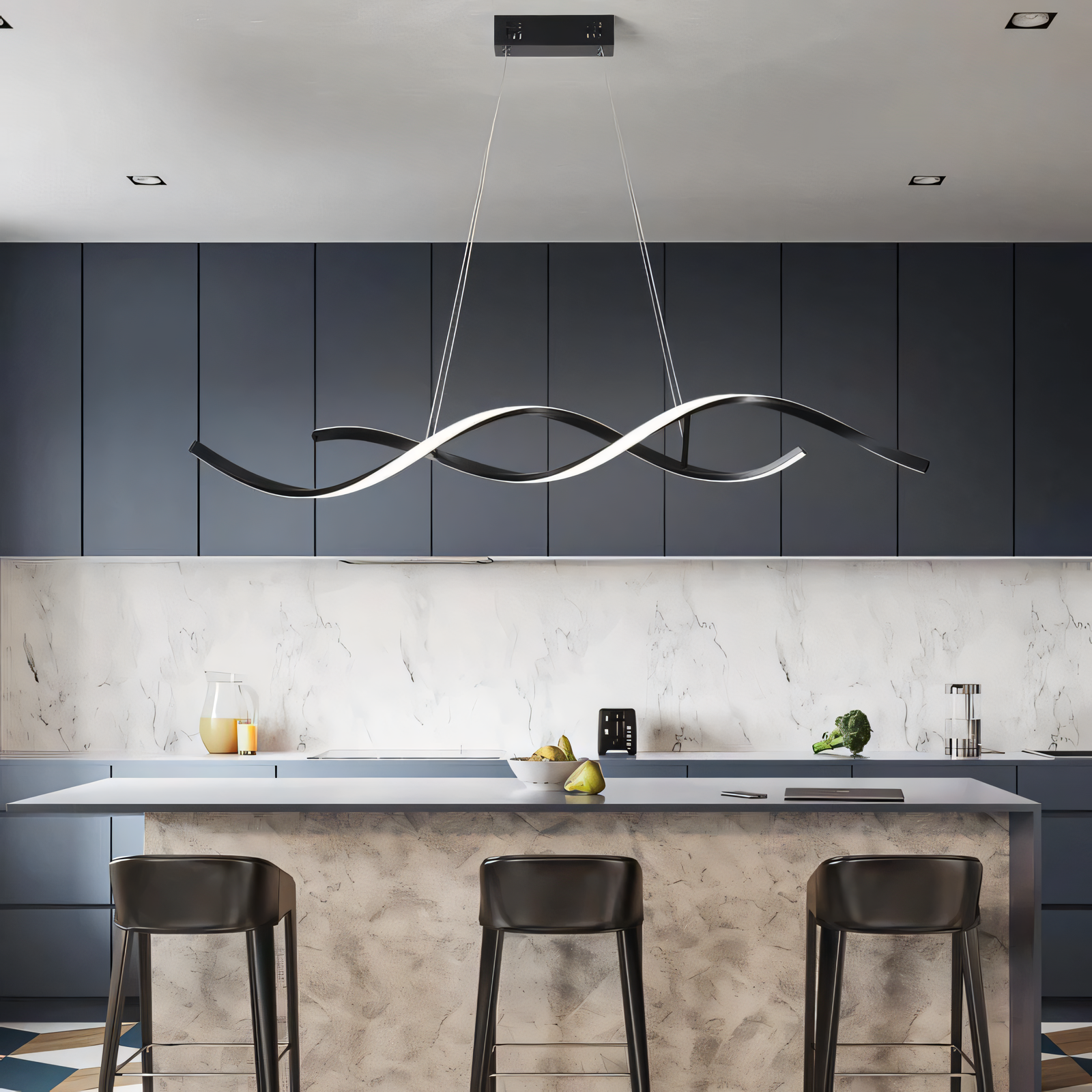 The Swirl Luxe Modern Dining Chandelier complements the modern décor in a high-end restaurant.