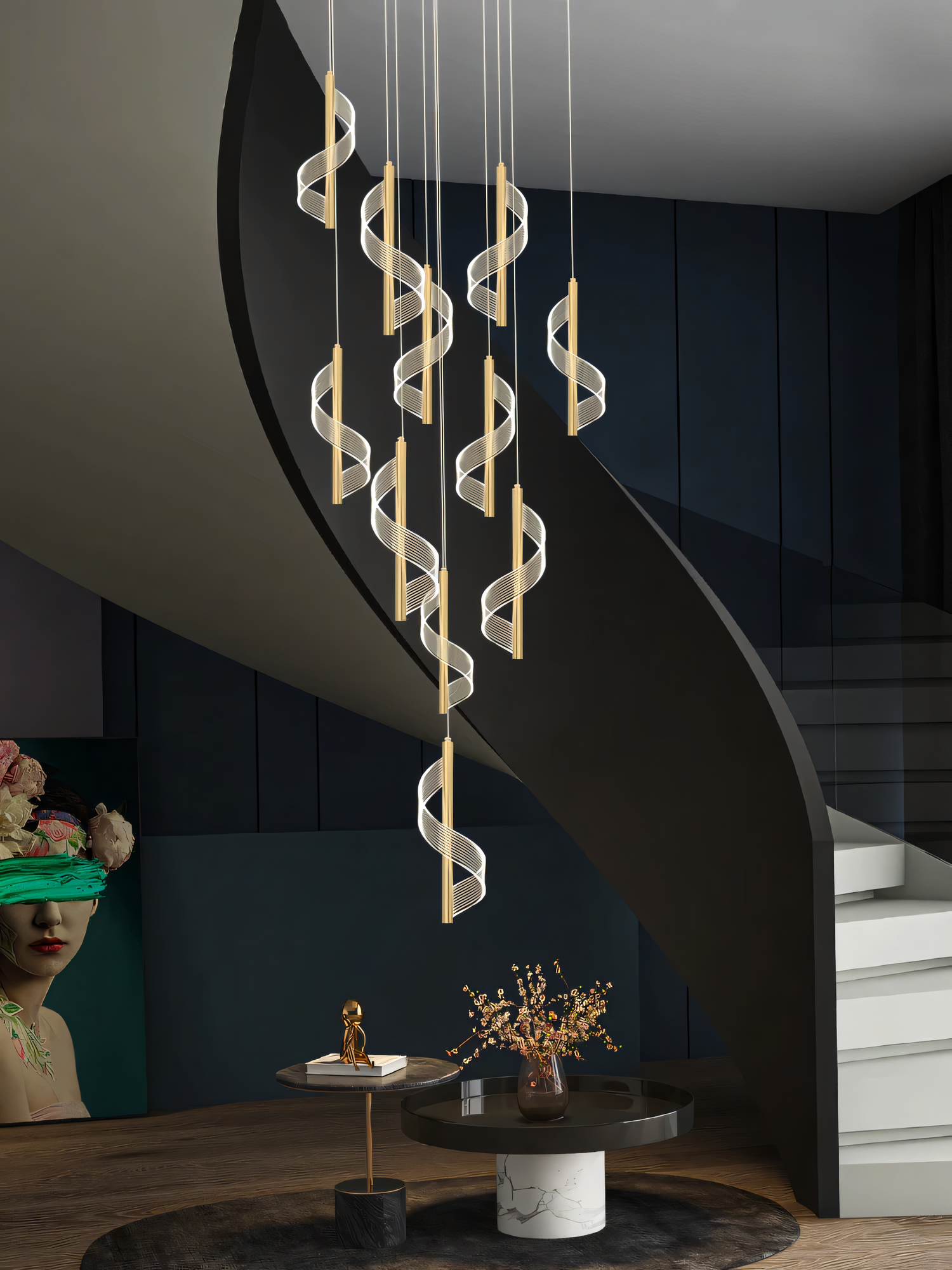 Majestic LED curl chandelier for castle double-height staircases