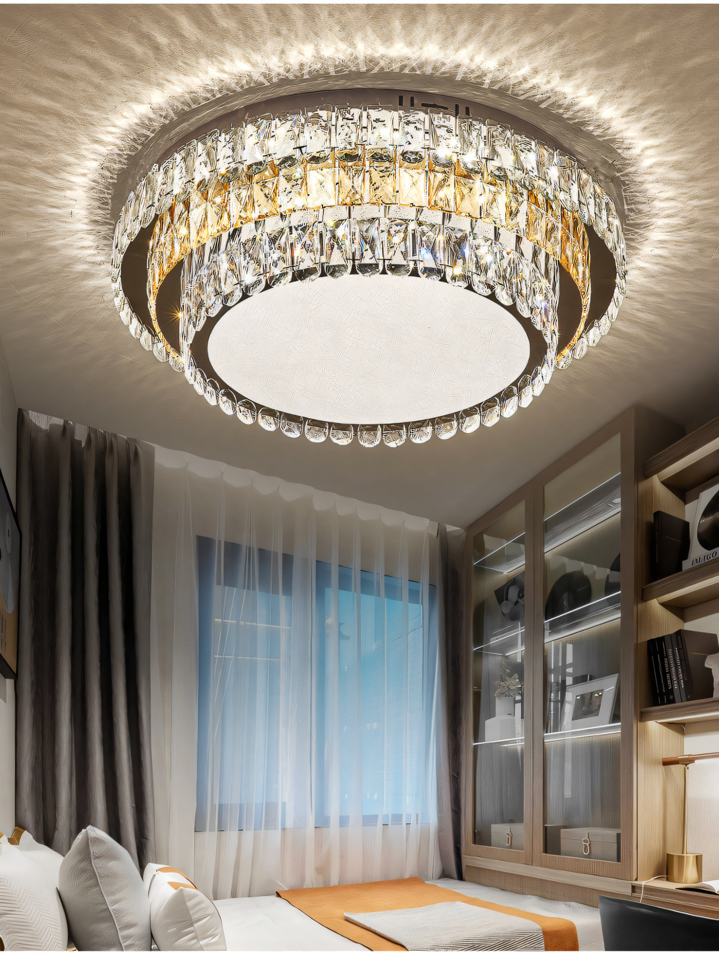 This elegant gold chandelier features a modern 3-layer design adorned with high-quality K9 crystals for a touch of modern luxury.