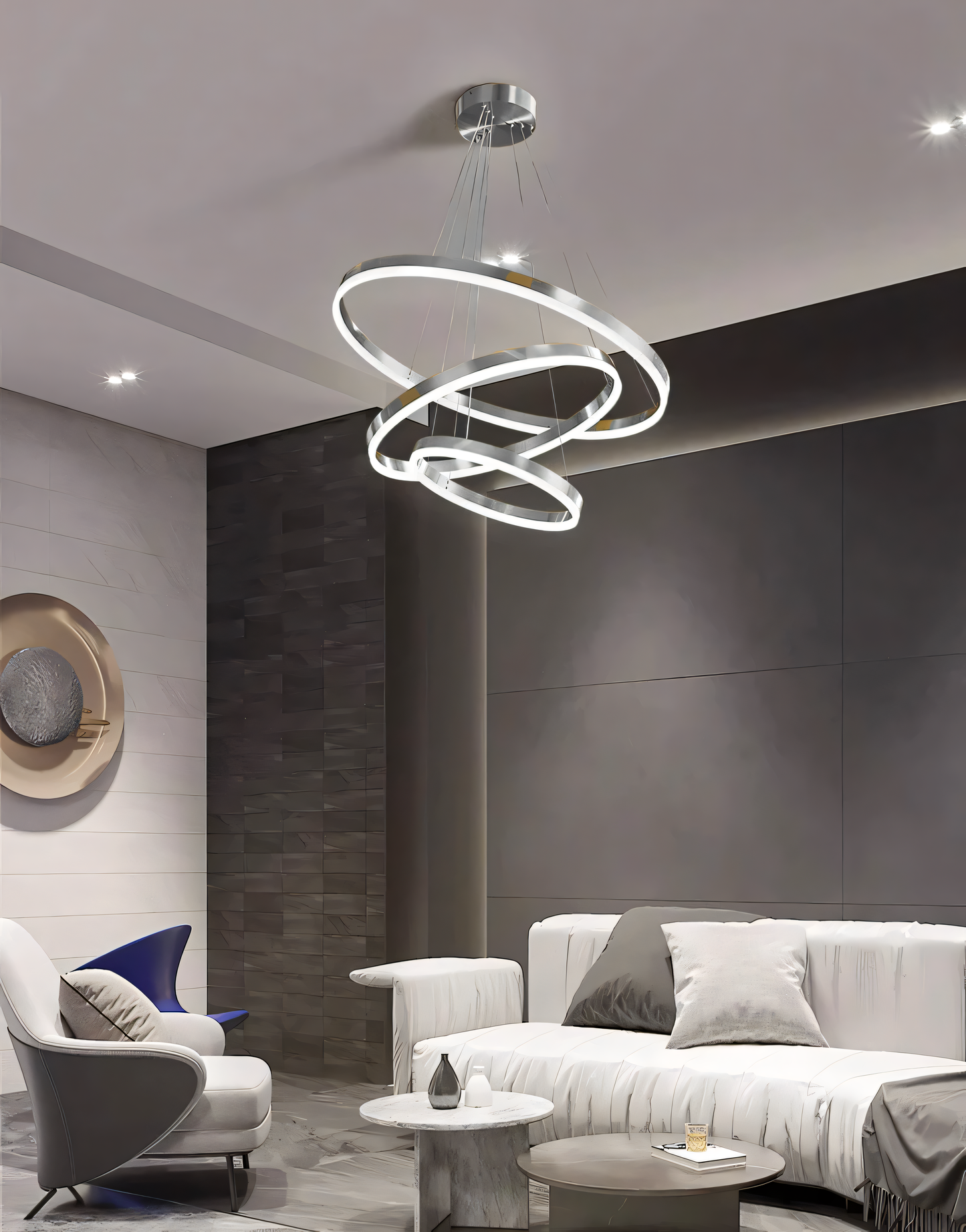 Enhance your home decor with the sophisticated glow of the 3-Light 800mm Ring Silver LED Chandelier.