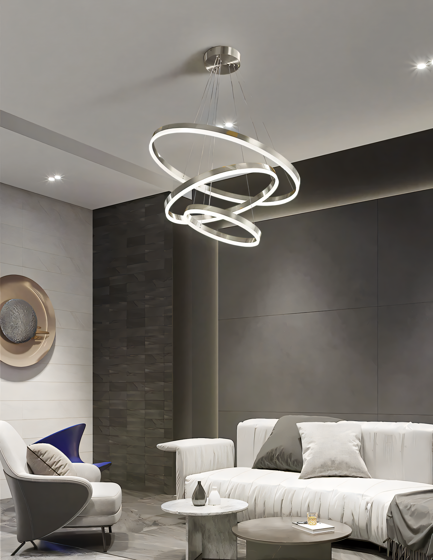 This silver LED chandelier offers a unique alternative to traditional styles, perfect for contemporary living spaces.