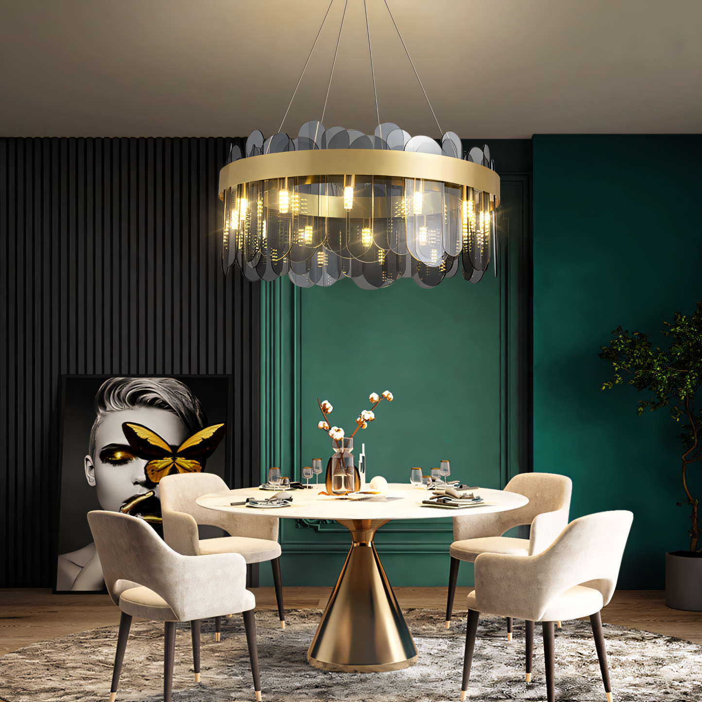 Transform your space with the luxurious 600mm Gold Brass Chandelier with Smokey Glass. Energy-efficient LED bulbs illuminate the smokey glass, creating a soft and inviting ambiance.