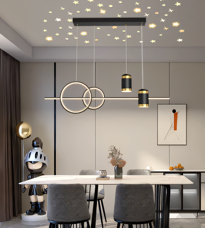 5-light black metal frame with gold accents, this LED chandelier features a sleek and modern design.